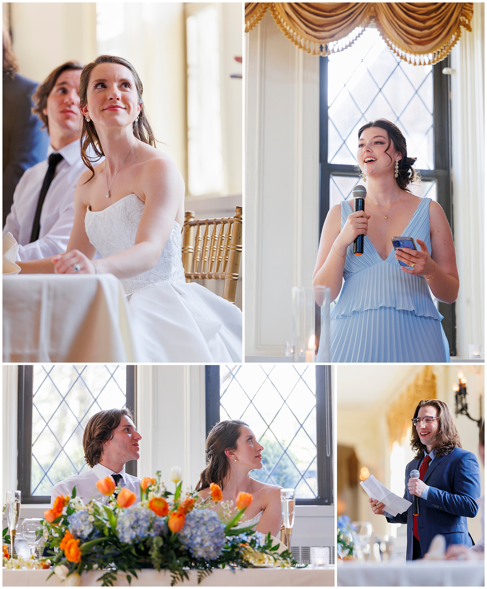 Wedding reception moments captured by Hudson Valley wedding photographers, featuring bride, groom, and toasts at an elegant venue with floral centerpieces.