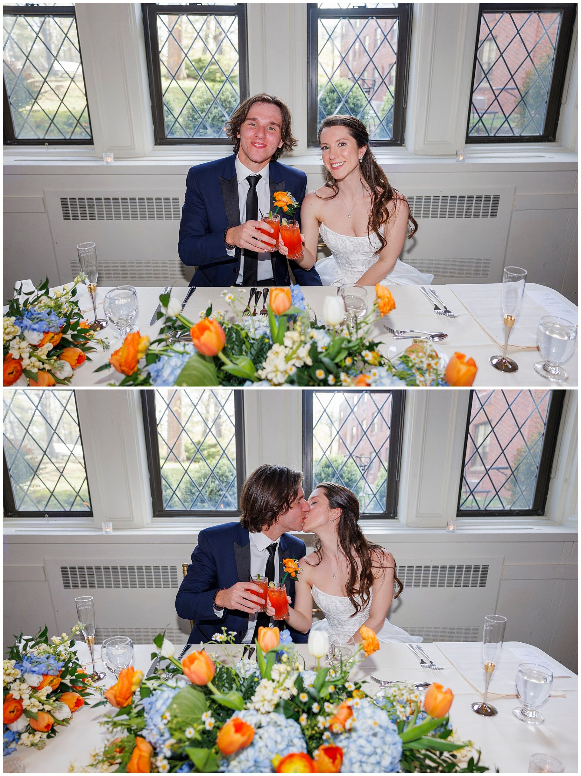 Bride and groom toasting at wedding reception table with orange and blue floral centerpieces, captured by Hudson Valley wedding photographers specializing in candid moments and reception details