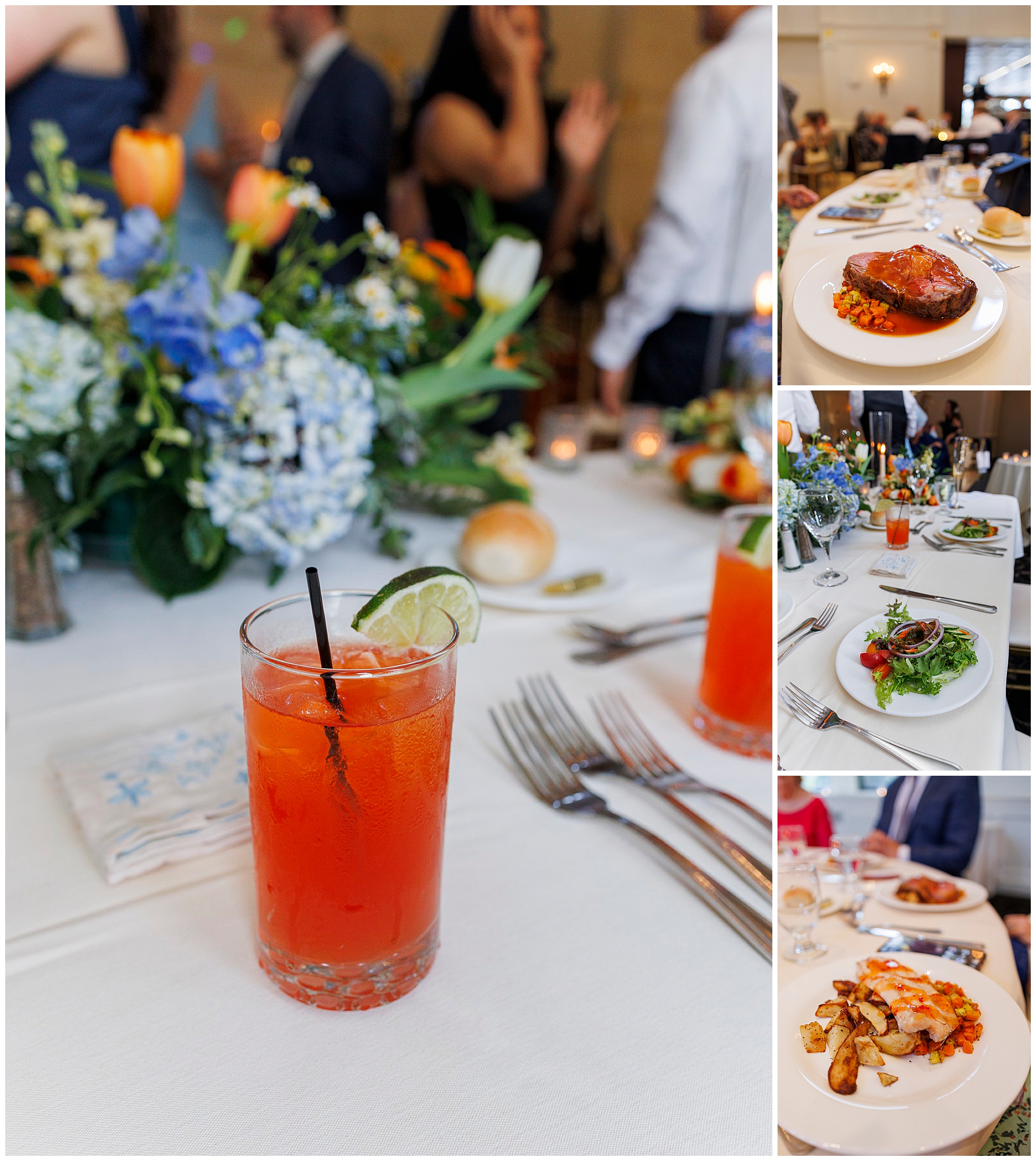 Elegant wedding reception dinner setup photographed by Hudson Valley wedding photographers featuring floral centerpieces with blue hydrangeas, orange cocktail with lime garnish, plated entrees including steak and salad, and formal table settings captured by a Hudson Valley wedding photography team.