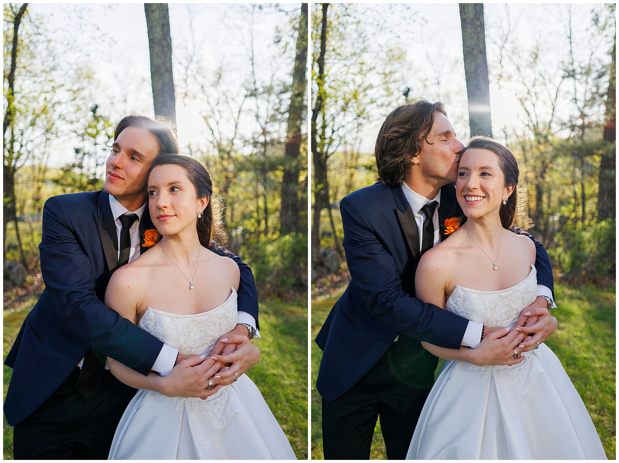 Bride and groom posing together in a forest setting during their wedding day, captured by Hudson Valley wedding photographers specializing in romantic outdoor photography and videography