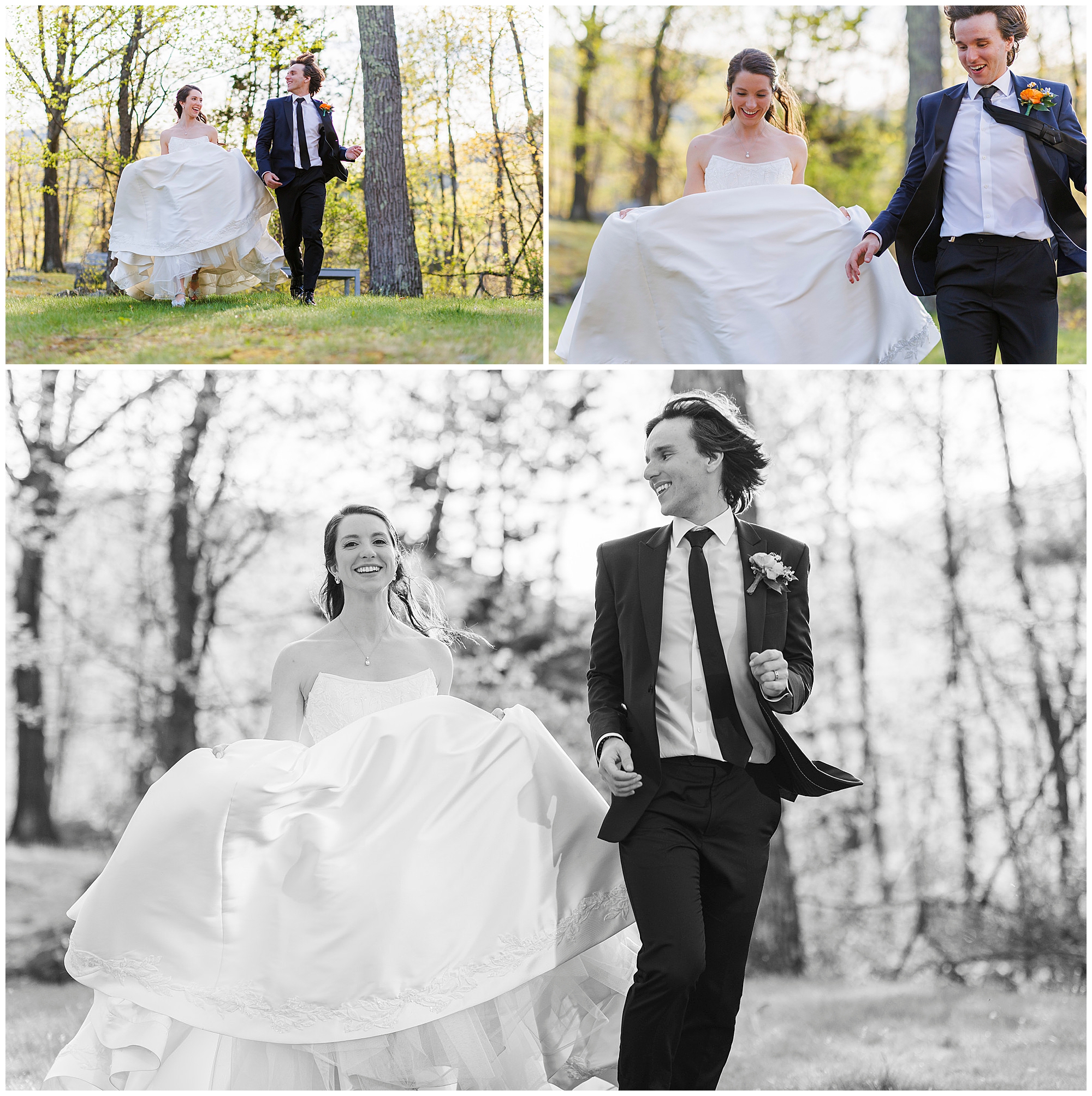 Hudson Valley wedding photography collage featuring bride and groom portraits in natural woodland settings, captured by professional Hudson Valley wedding photographers specializing in candid outdoor wedding imagery and videography