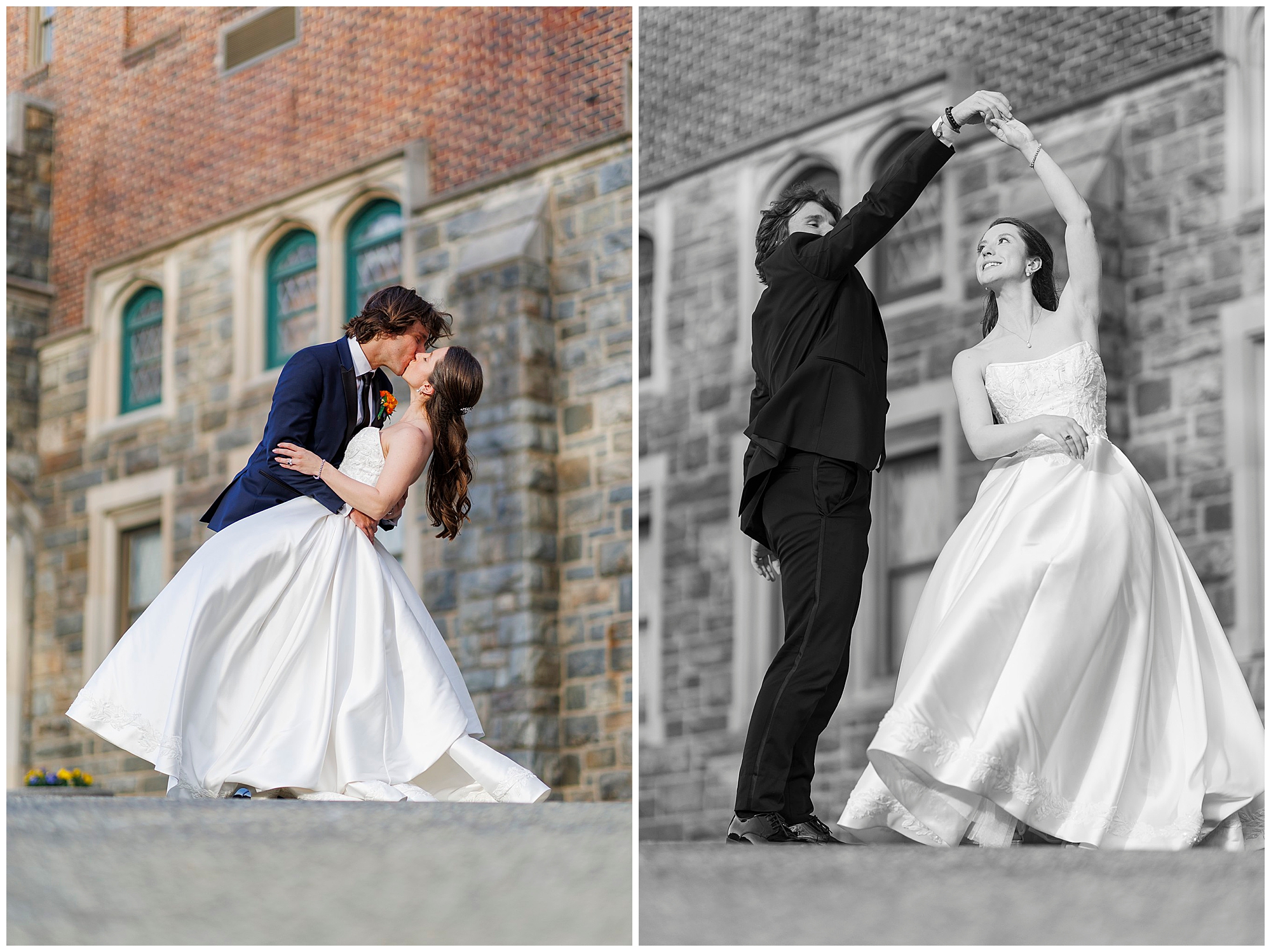 Hudson Valley wedding photography showing two romantic bride and groom portrait poses captured by a professional Hudson Valley wedding photographers team, featuring classic dip kiss and selfie moments in front of historic stone architecture.