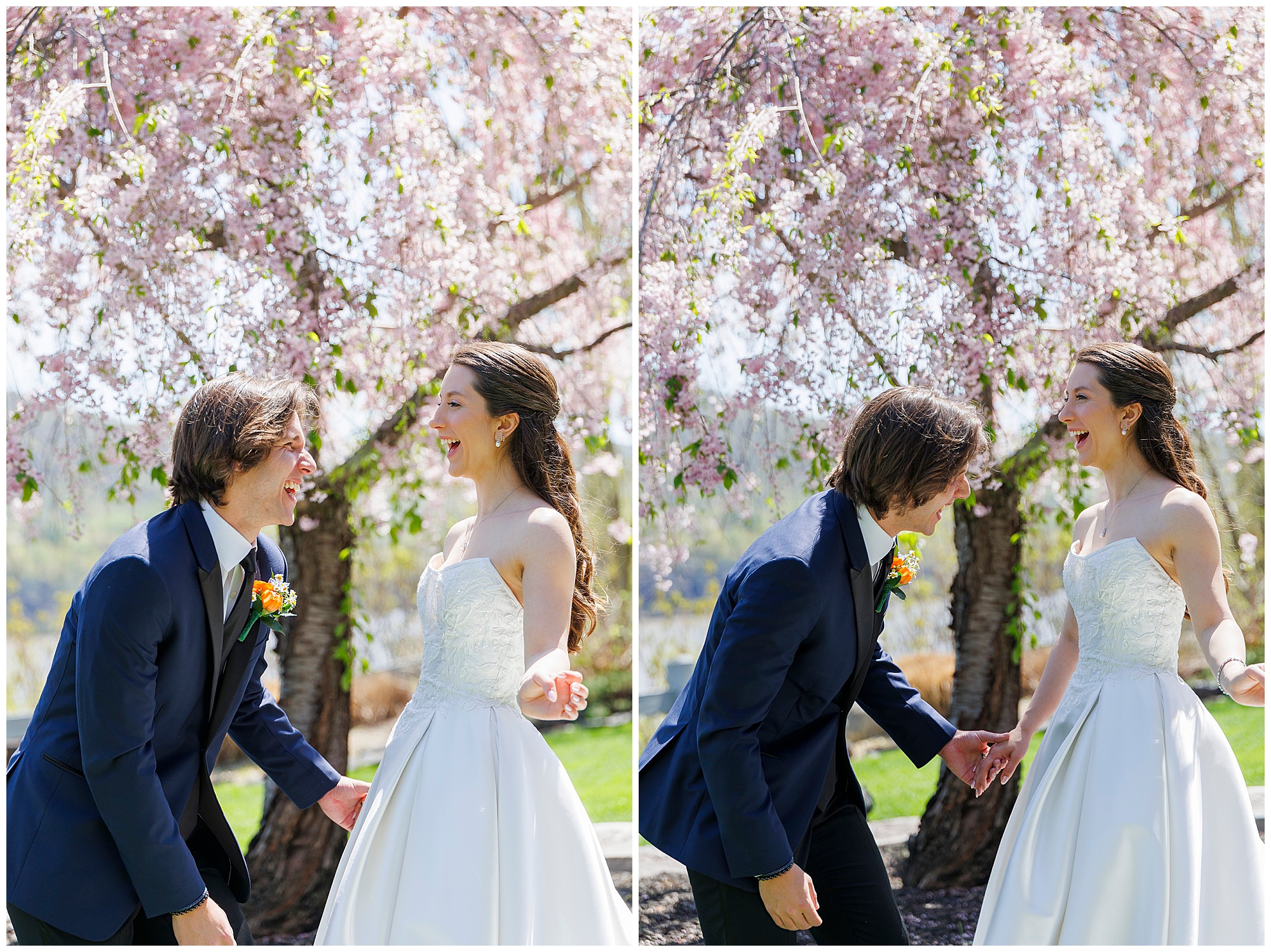Couple smiling at each other surrounded by spring cherry blossom blooms, Hudson Valley wedding photography