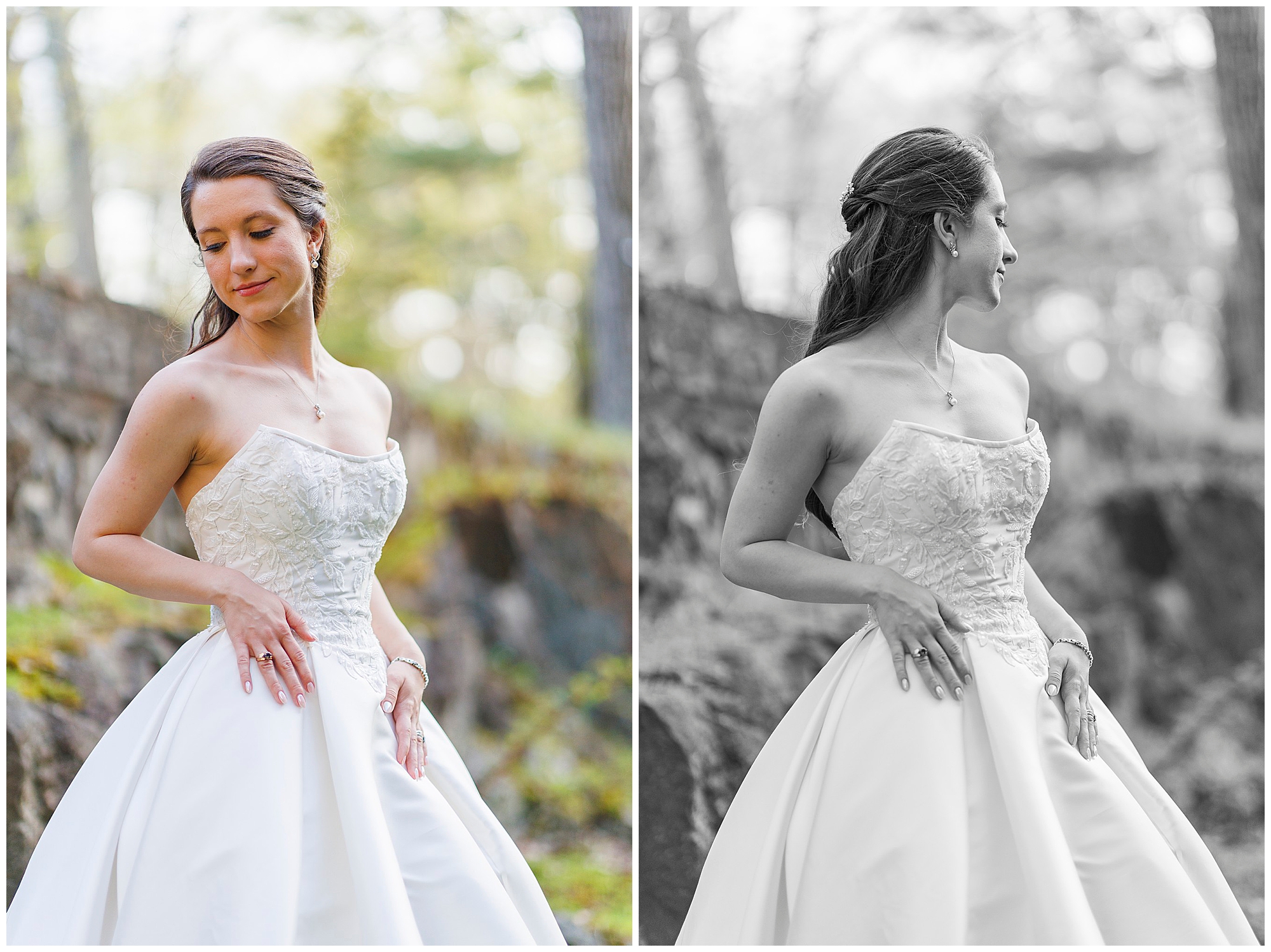 Beautiful bride in white strapless wedding dress posing outdoors by stone wall, captured in color and black and white by Hudson Valley wedding photographers specializing in bridal portraits and wedding photography