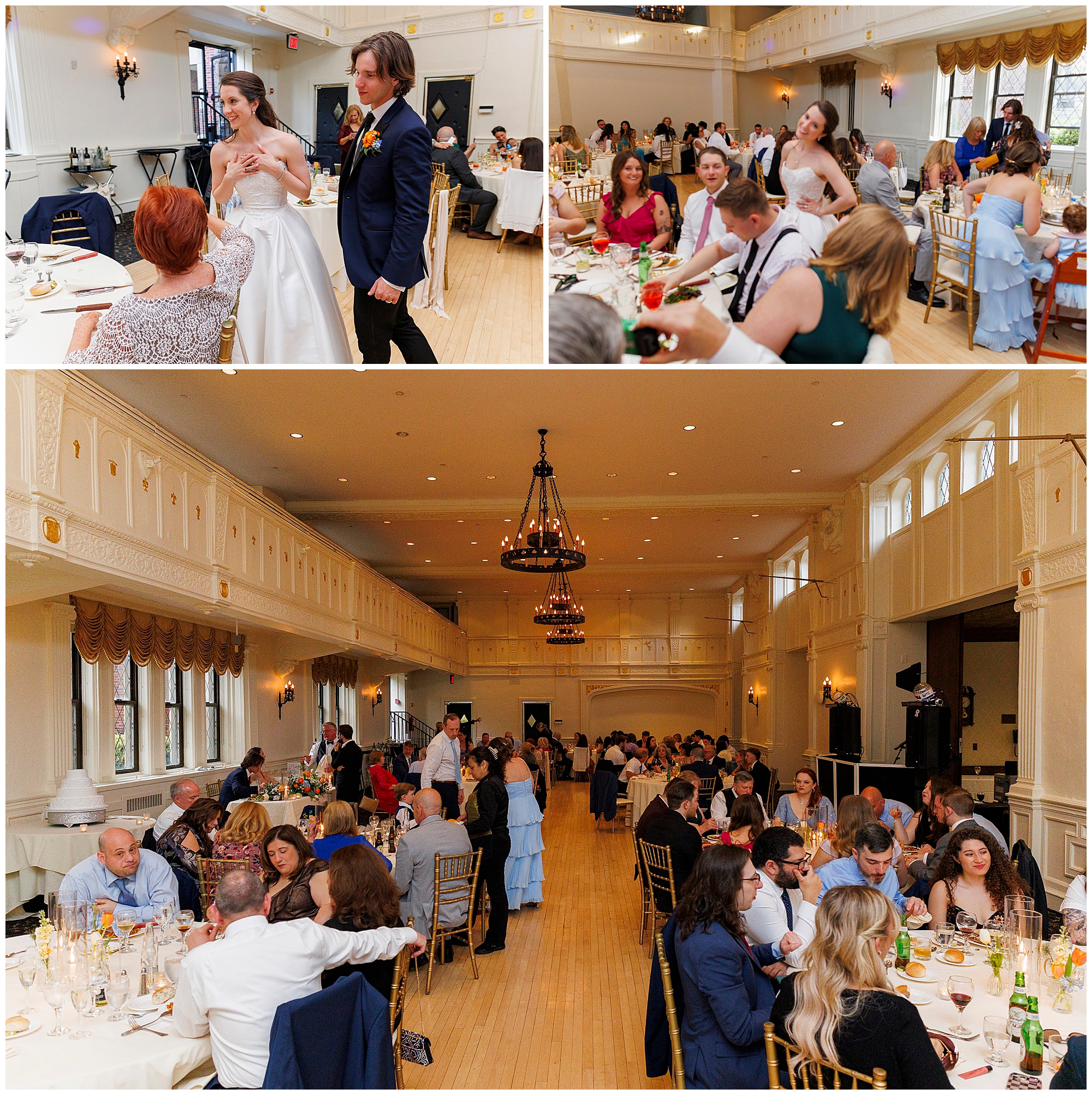 Hudson Valley wedding photography showcasing elegant reception moments including bride and groom greeting guests, seated dinner service, and grand ballroom celebration captured by a professional Hudson Valley wedding photographers and videography team