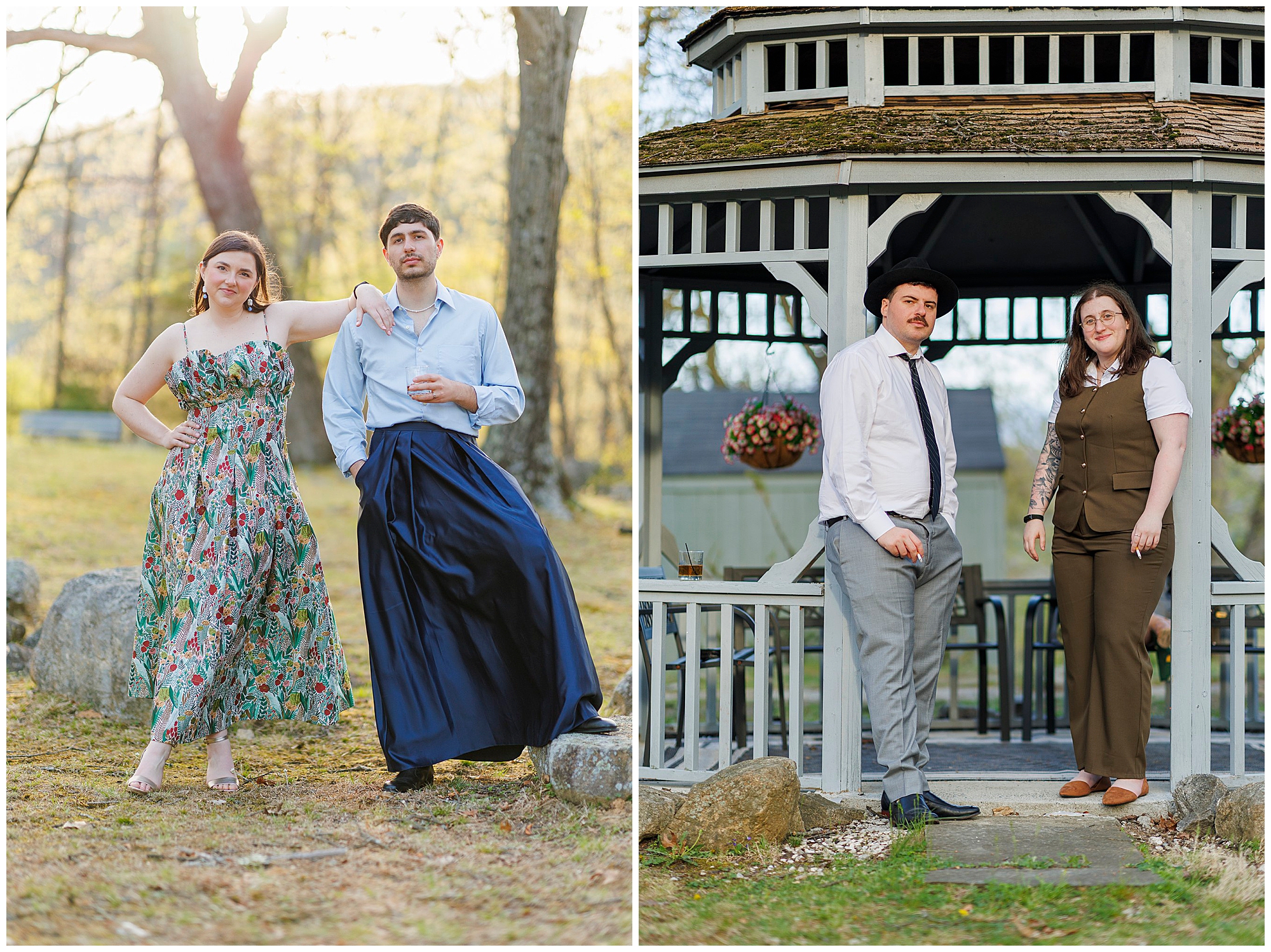 Engagement photo session featuring a couple in vintage-inspired outfits posing outdoors by trees and a historic gazebo, captured by Hudson Valley wedding photographers specializing in fine art wedding photography and videography.