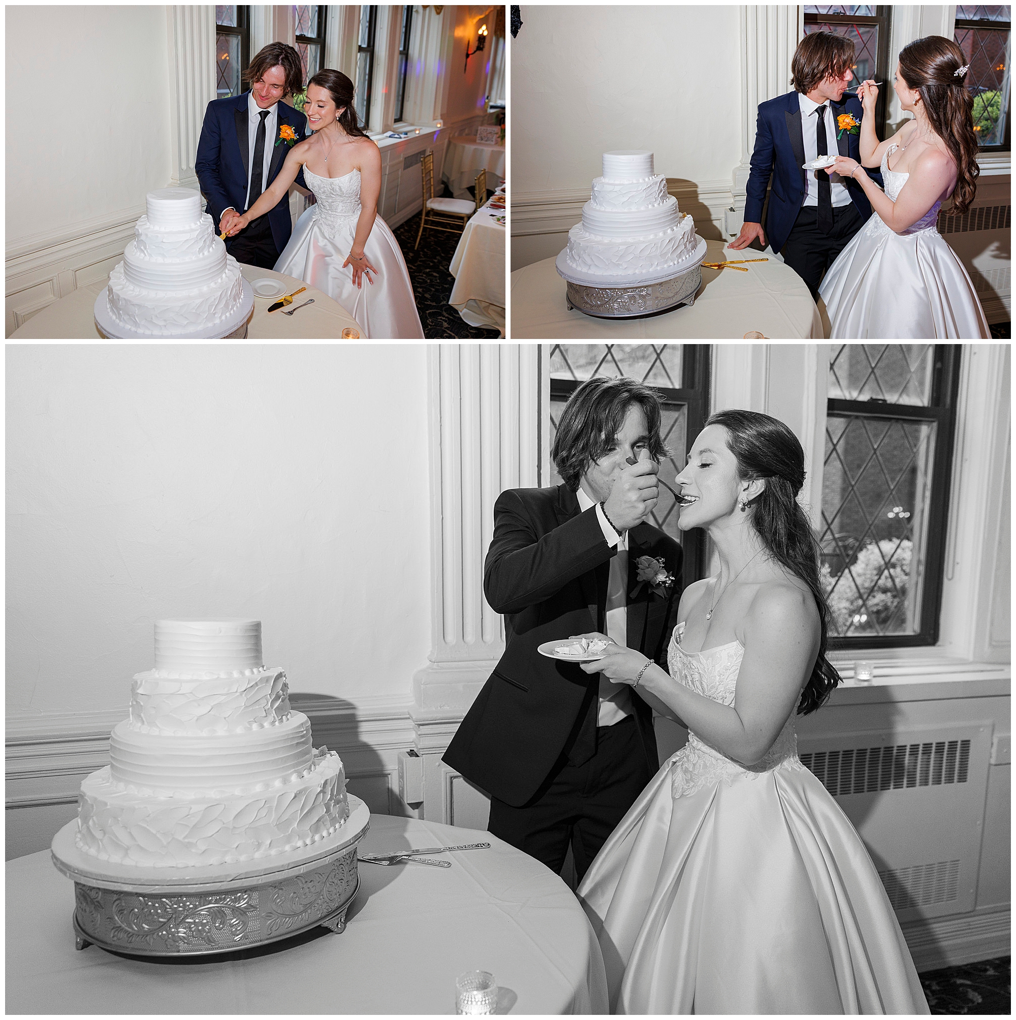 Bride and groom cutting white wedding cake at elegant reception captured by Hudson Valley wedding photographers, showing cake cutting tradition and candid moments from professional wedding photography team