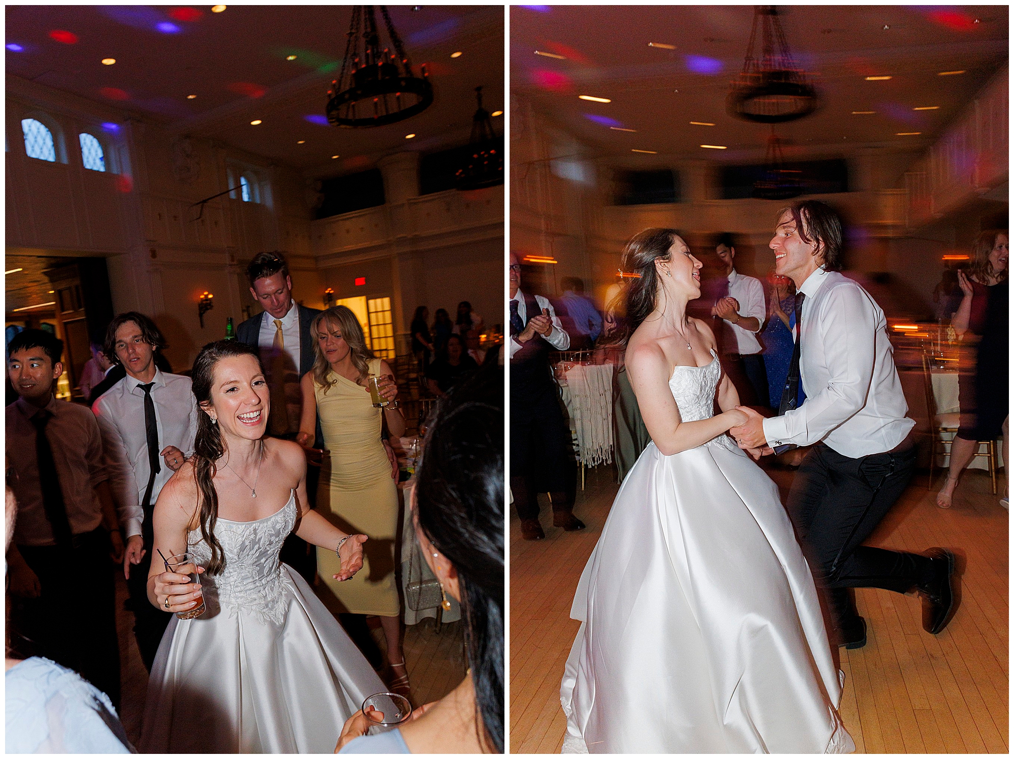 Wedding reception dancing moments captured by Hudson Valley wedding photographers showing bride and groom celebrating with guests under decorative chandelier and colorful lighting, documented by professional Hudson Valley wedding photography team