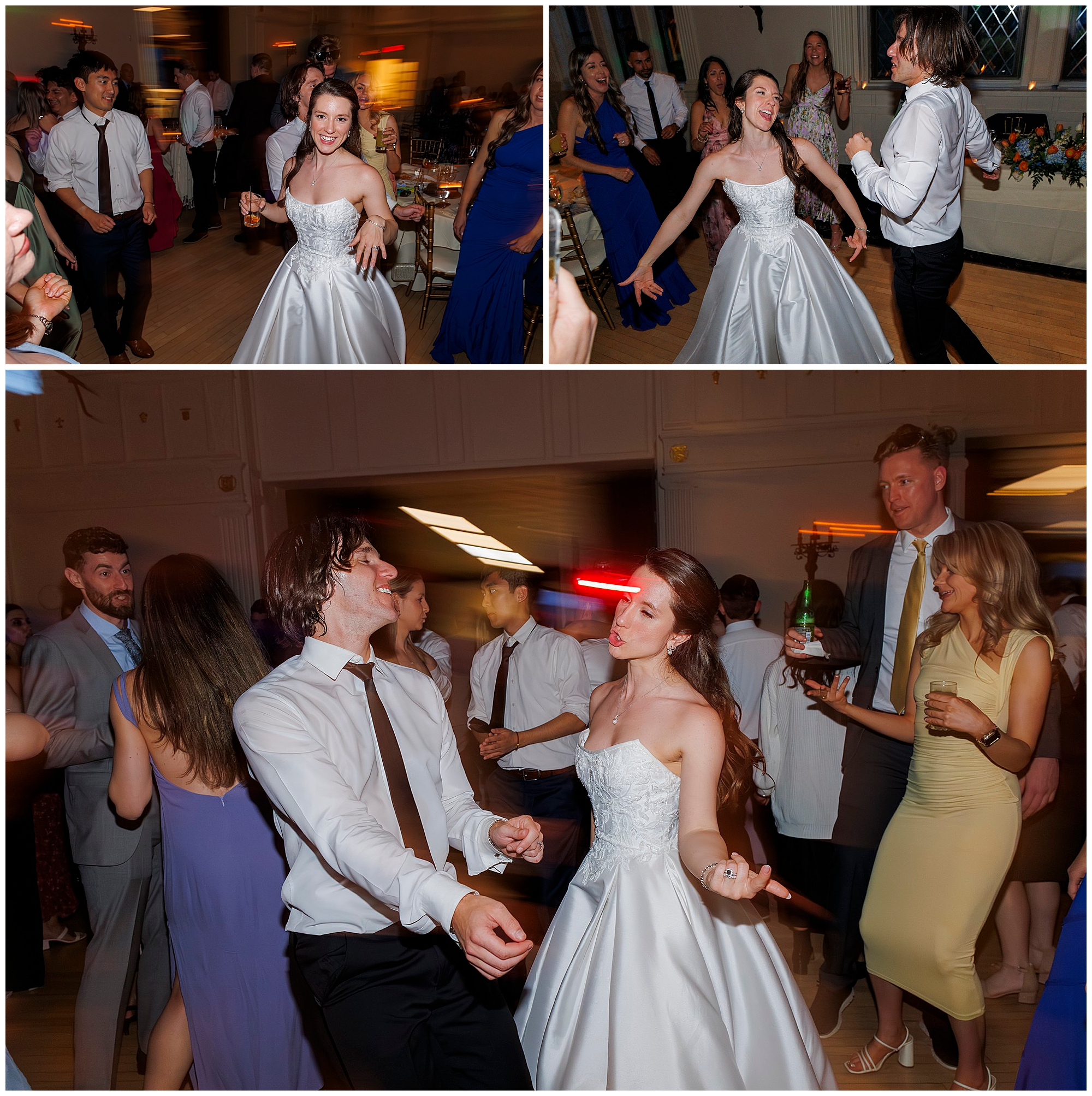 Wedding reception dancing moments captured by Hudson Valley wedding photographers, showing bride and groom dancing with guests during celebration