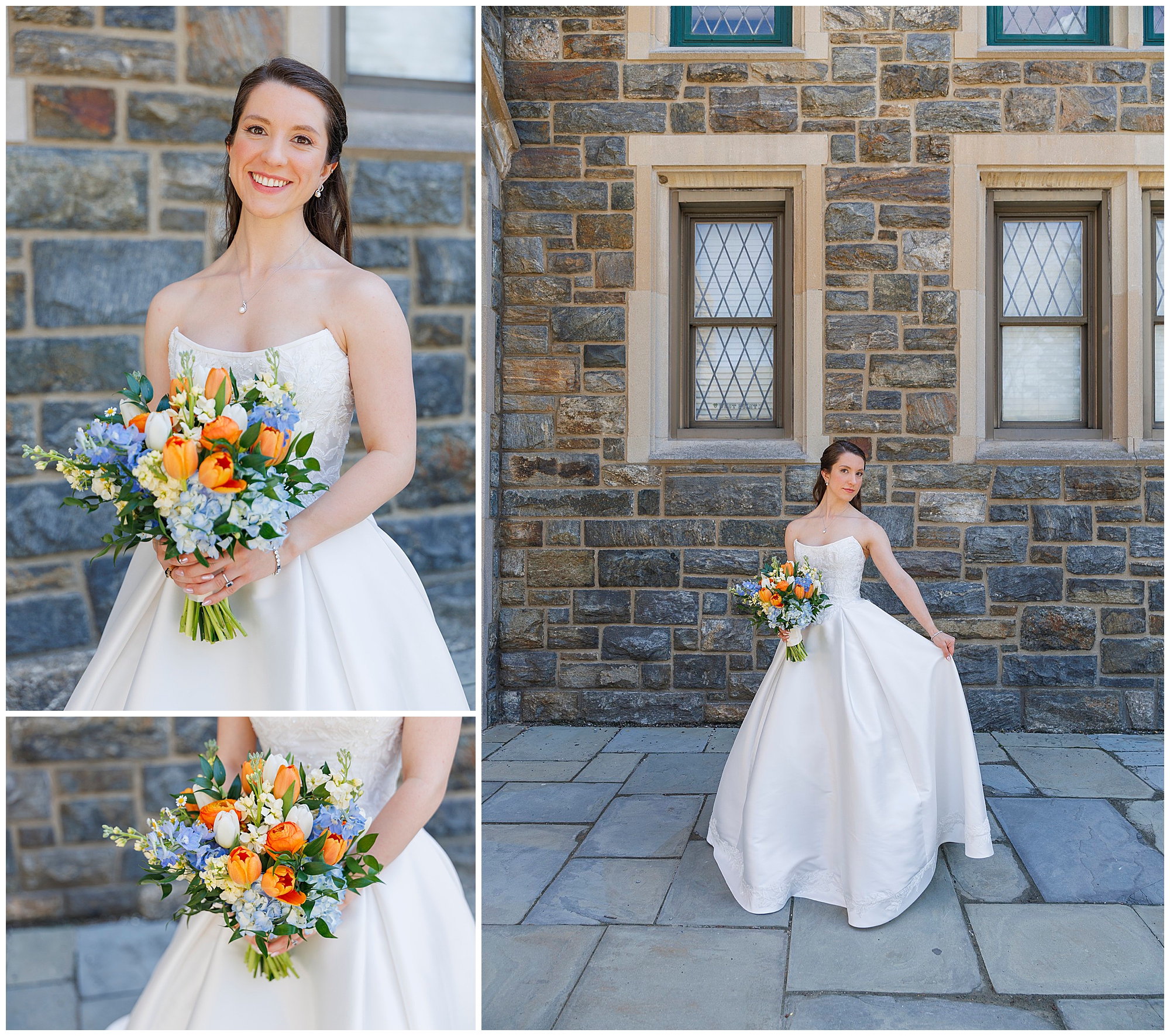 Bride in a ballgown standing alone near a stone arch at The Thayer Hotel at West Point