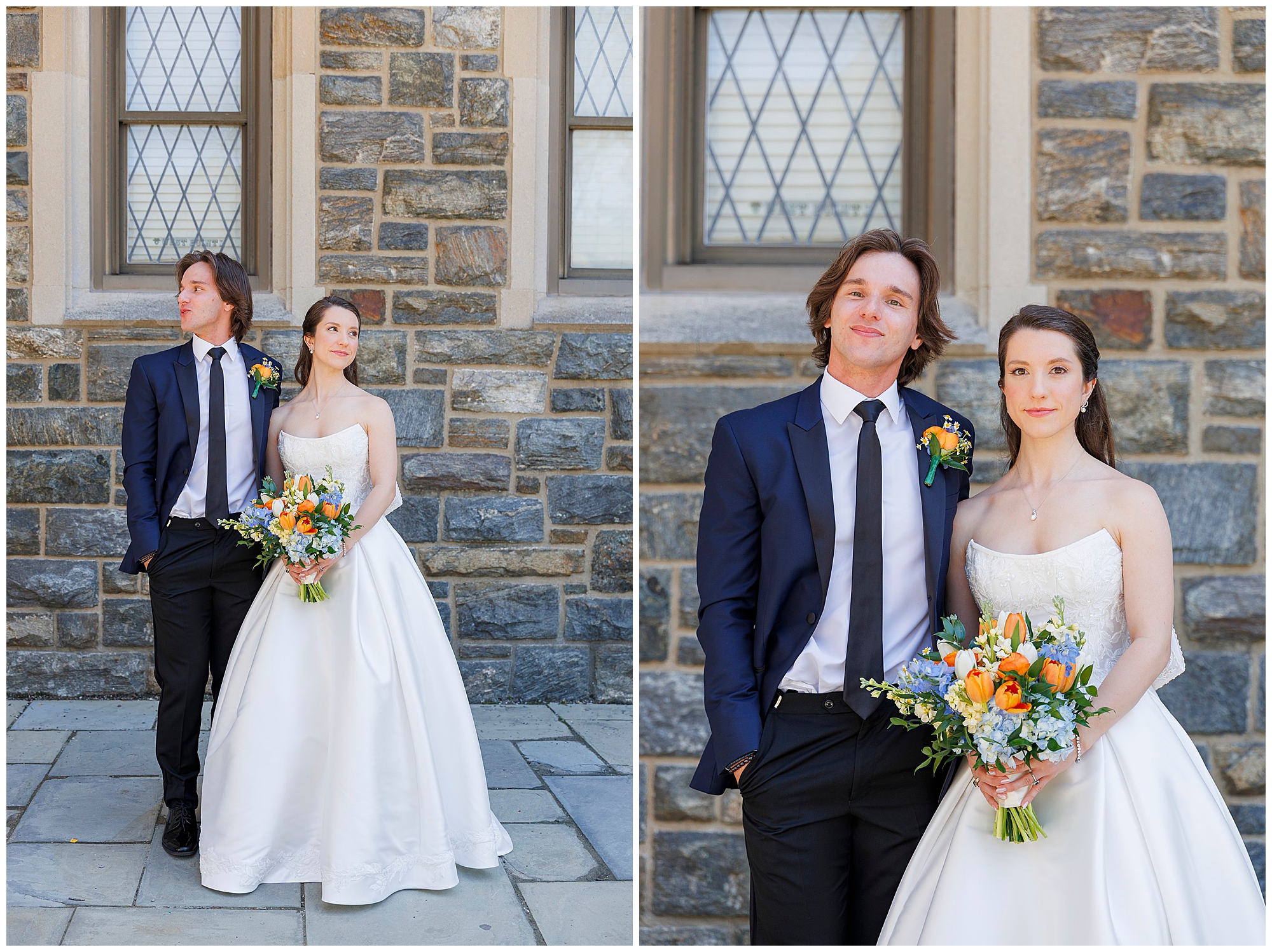 Bride and groom standing together by a stone building at The Thayer Hotel, bride holding a colorful floral bouquet