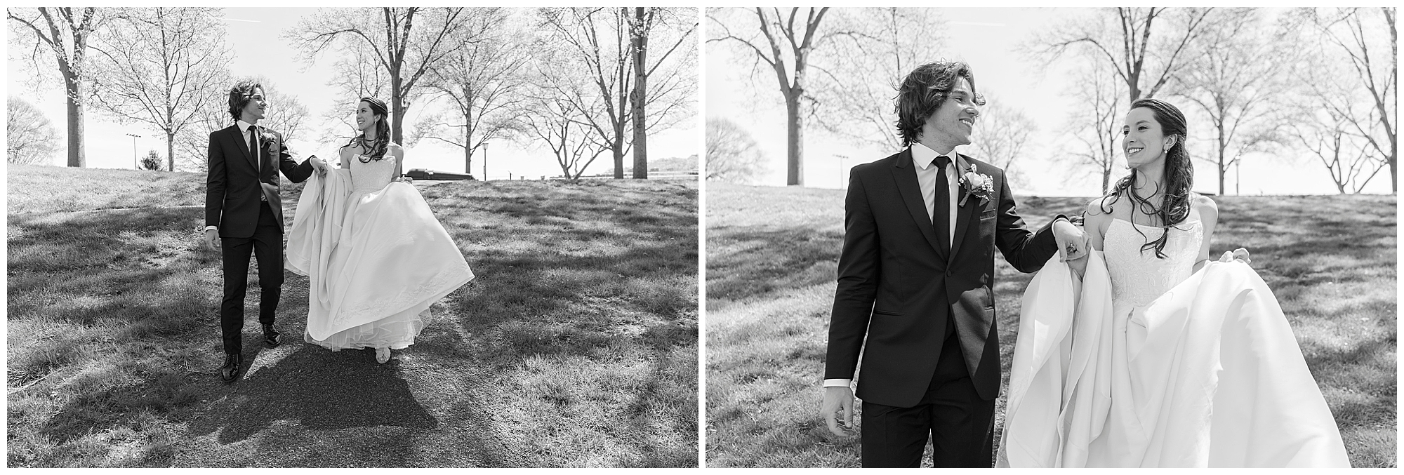 Black and white photo of bride and groom walking together at their spring Hudson Valley wedding