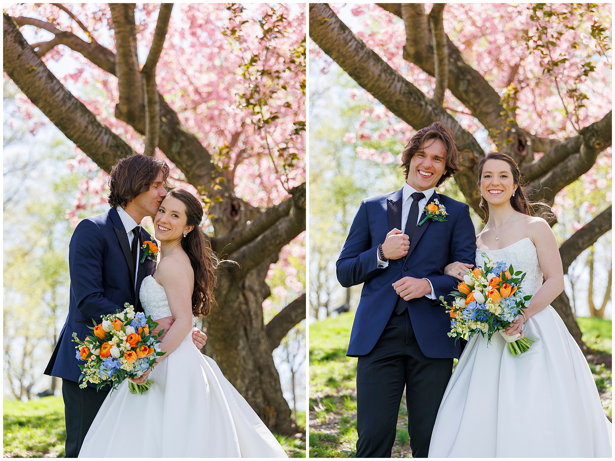 Bride and groom face to face with a vibrant orange and blue bouquet among cherry blossoms at their April West Point wedding