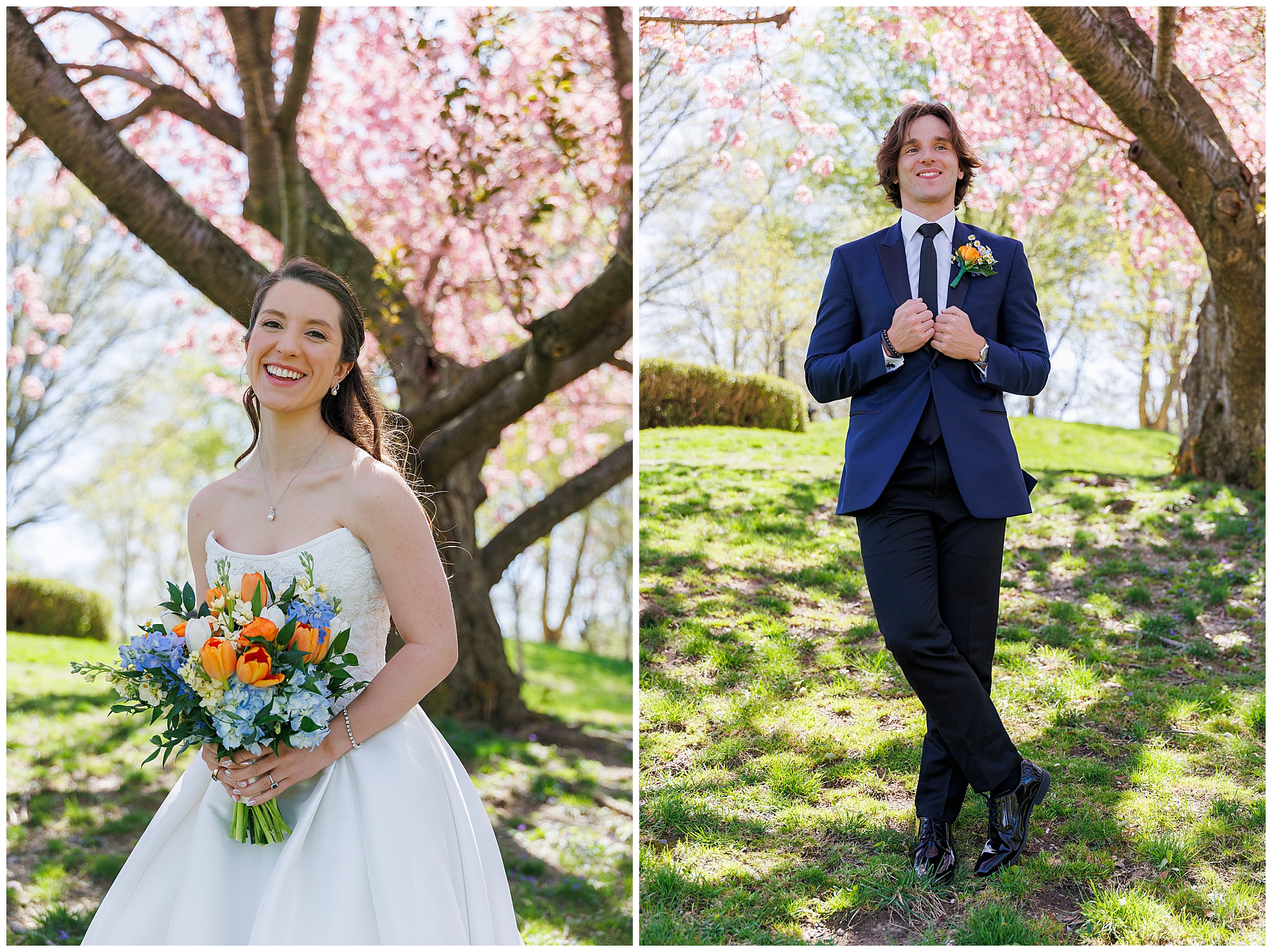 Groom standing alone beneath flowering cherry blossom trees at The Thayer Hotel, smiling