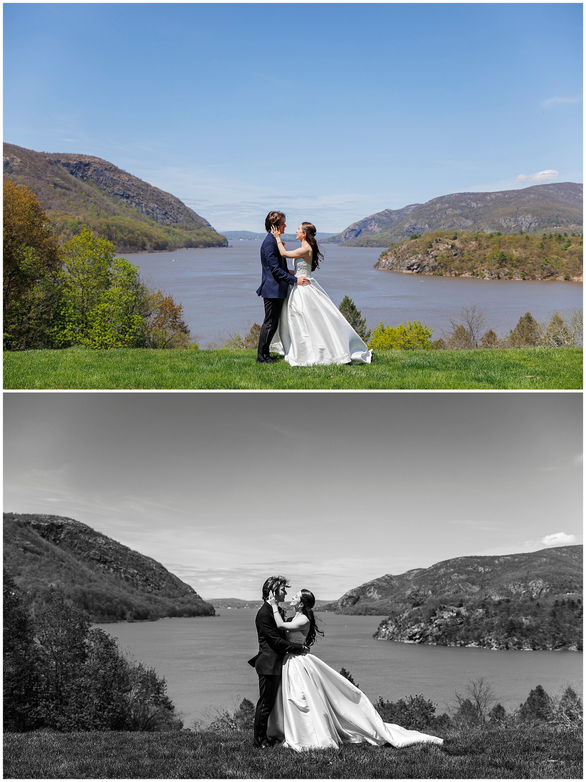 Black and white portrait of newlyweds with the Hudson River and rolling hills behind them at West Point