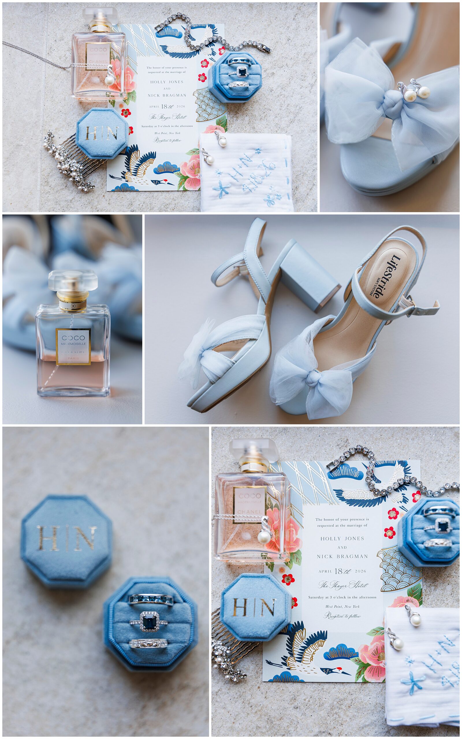 Bridal detail flat lay of heels, earrings, bracelet, and something blue for a spring Hudson Valley wedding