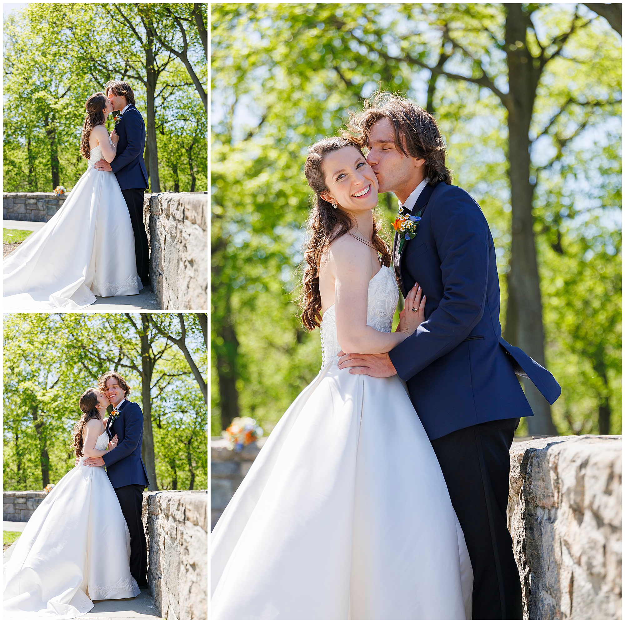 Groom kissing bride on the cheek among spring greenery at their Hudson Valley wedding, photographed by a wedding photography team