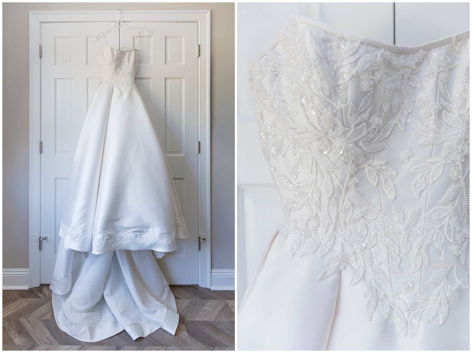 White bridal gown hanging in a sunlit room at The Thayer Hotel at West Point, captured by a Beacon-based wedding photographer