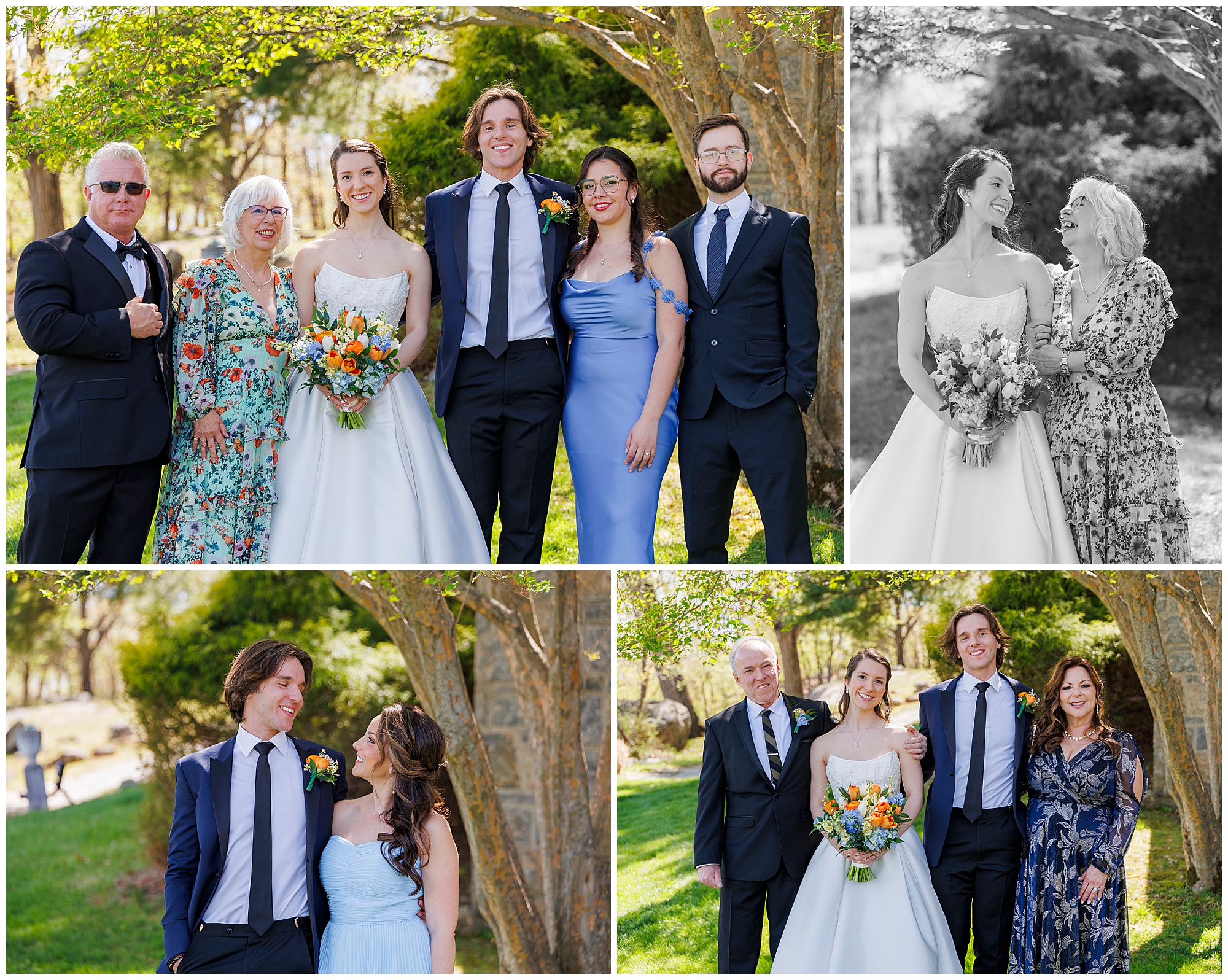Collage of family and wedding party portraits on the lawn at The Thayer Hotel at West Point
