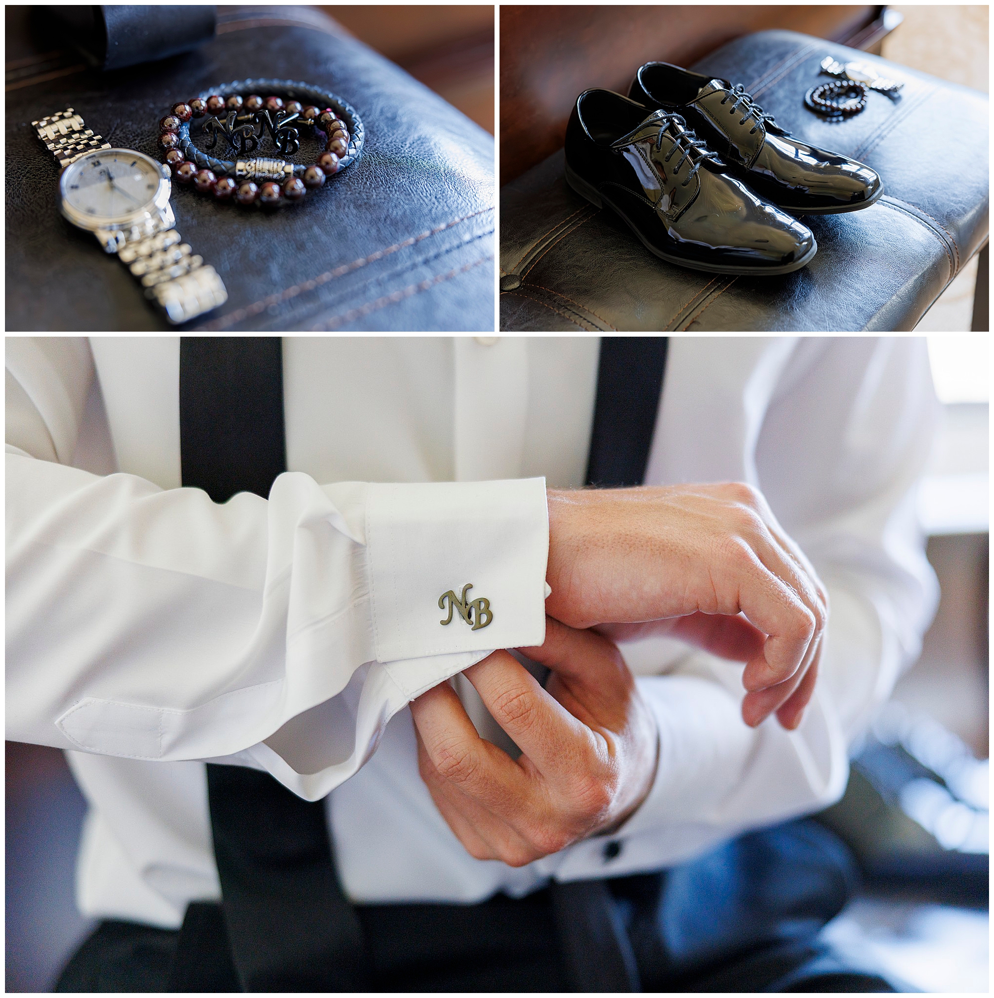 Groom getting ready collage featuring dress shoes, tie, watch, and cufflinks details at The Thayer Hotel