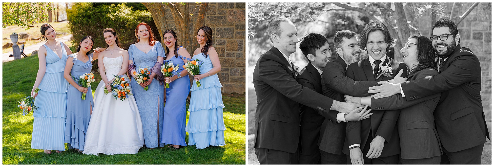 Black and white full wedding party group portrait at their Hudson Valley spring wedding at The Thayer Hotel