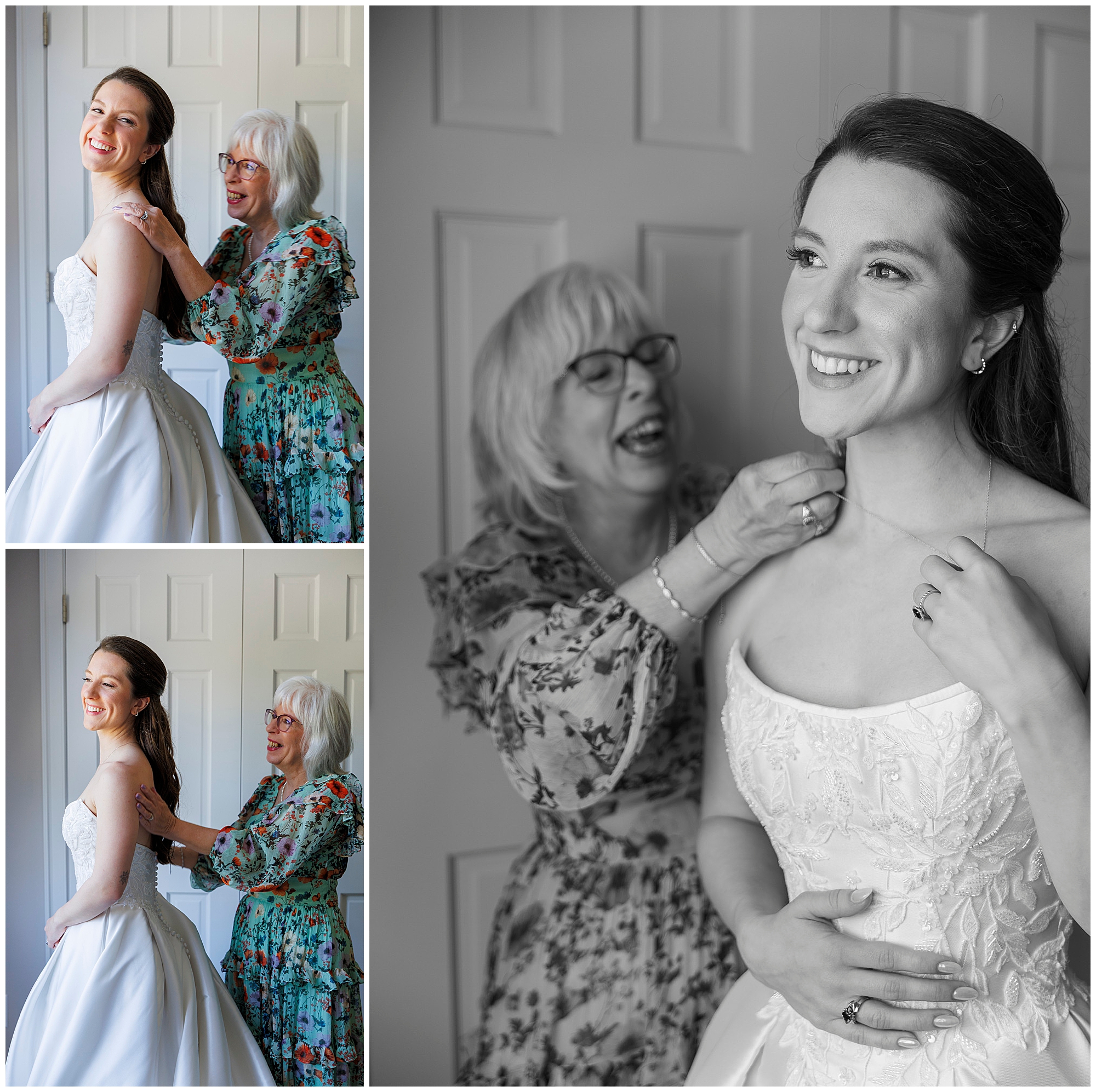 Collage of bride getting ready with a helper adjusting her gown and a candid laughing moment, Hudson Valley wedding