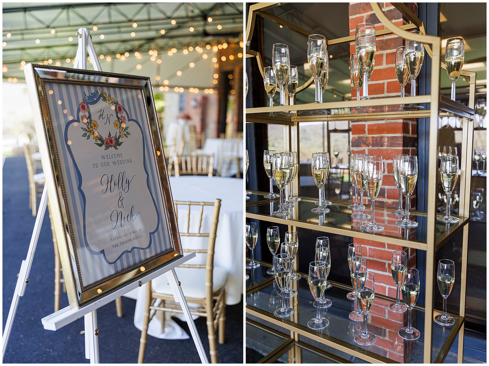 Wedding welcome sign and escort card display with lush greenery at a spring Hudson Valley wedding at The Thayer Hotel