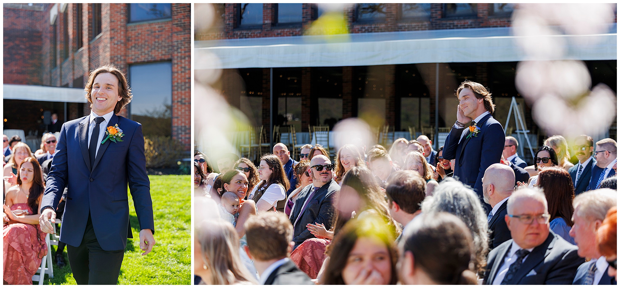 Groom waiting at the altar during the outdoor ceremony at their West Point spring wedding