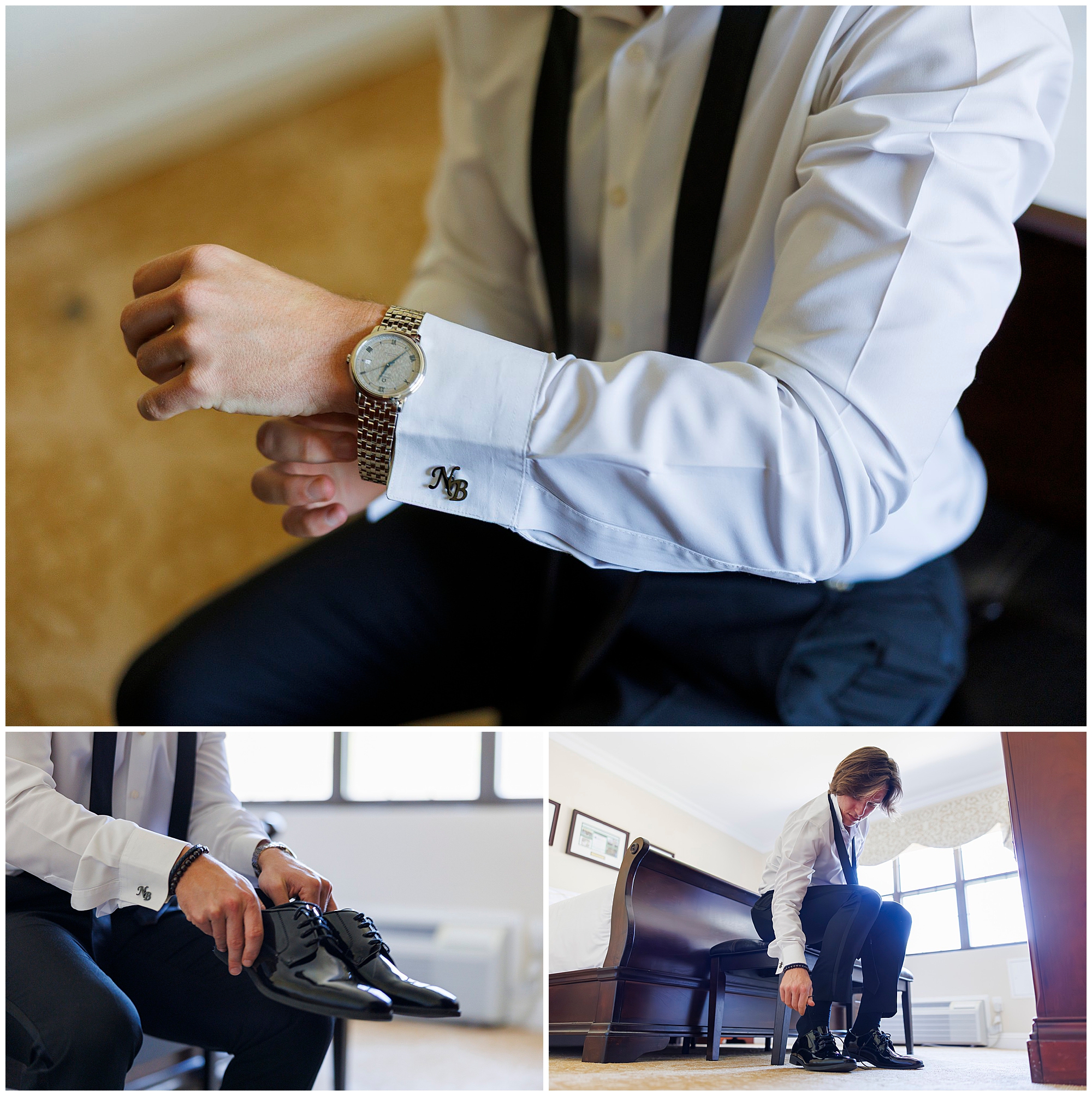 Close-up of groom fastening his cufflinks on his wedding morning at The Thayer Hotel at West Point