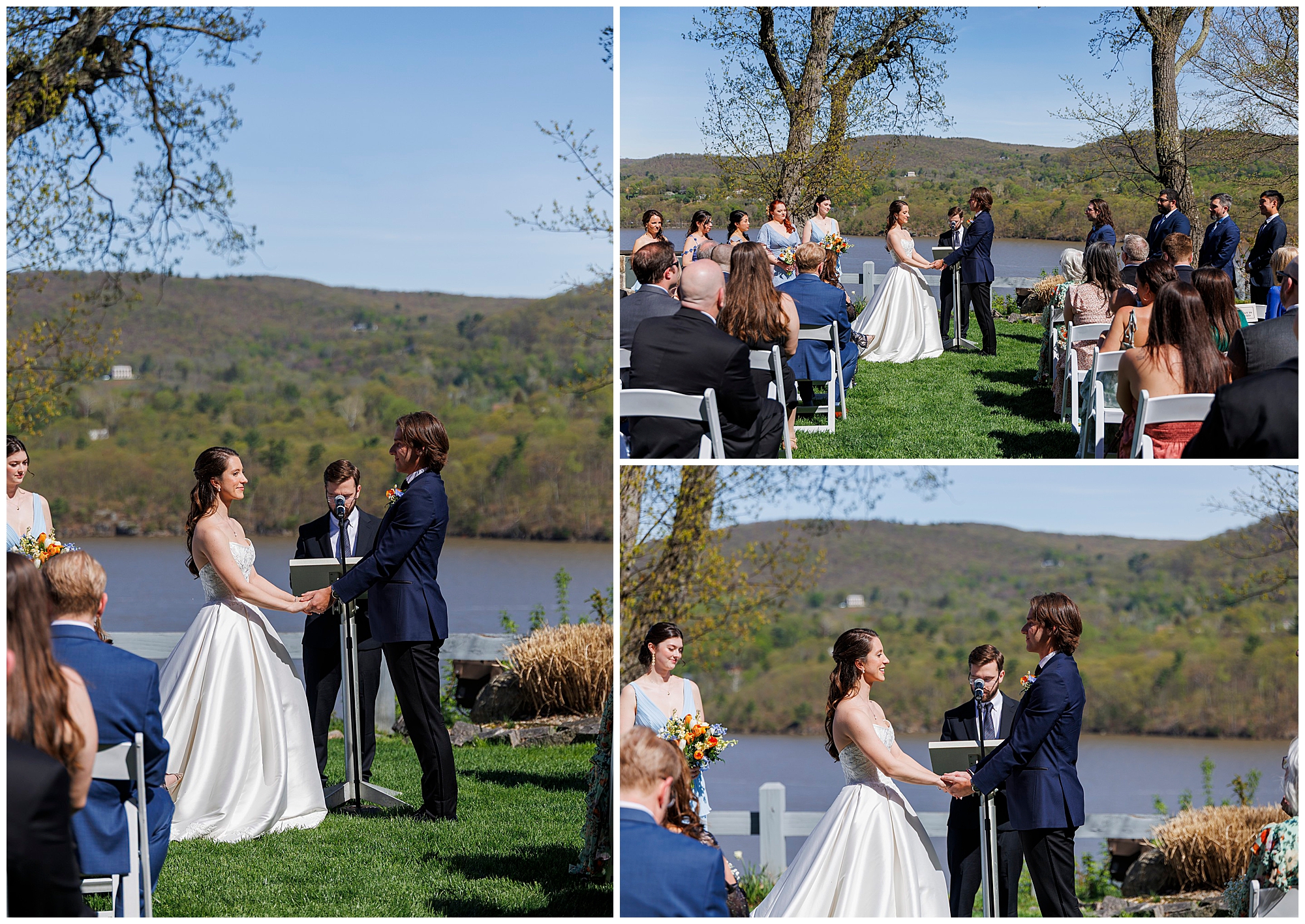 Ceremony moment collage showing the aisle, officiant, and guests at The Thayer Hotel at West Point