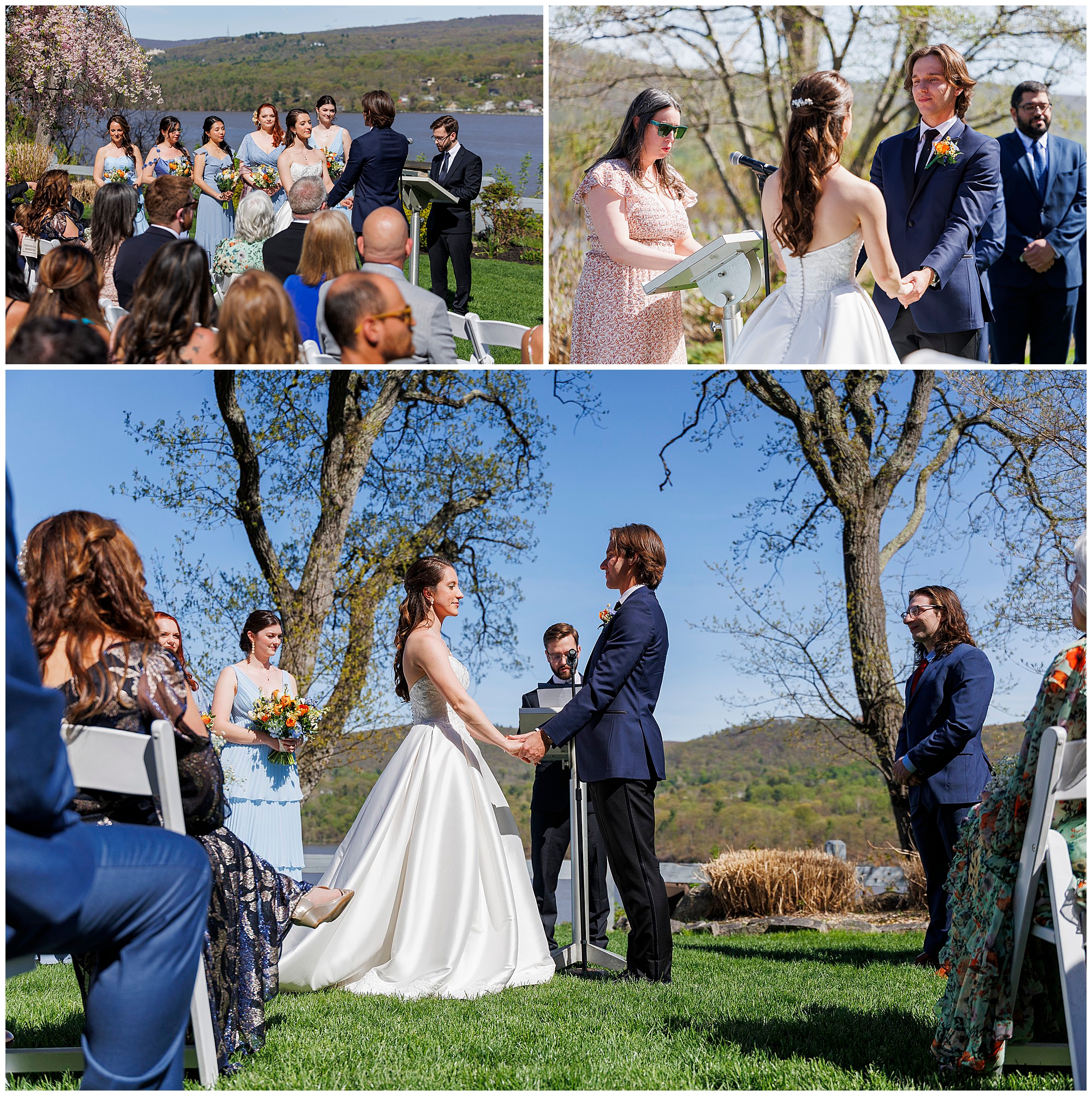 Outdoor wedding ceremony at The Thayer Hotel with Hudson Valley mountains visible in the background