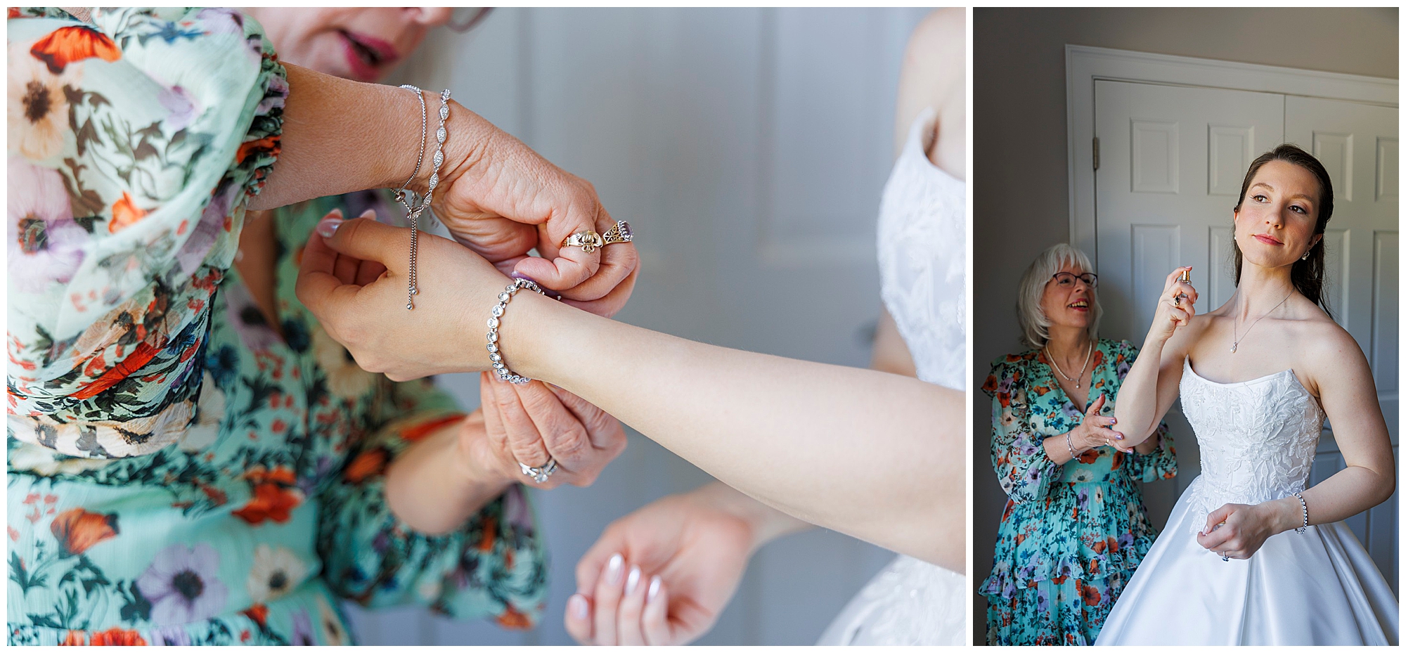 Bride surrounded by bridesmaids getting ready together, photographed by a Hudson Valley wedding photography team
