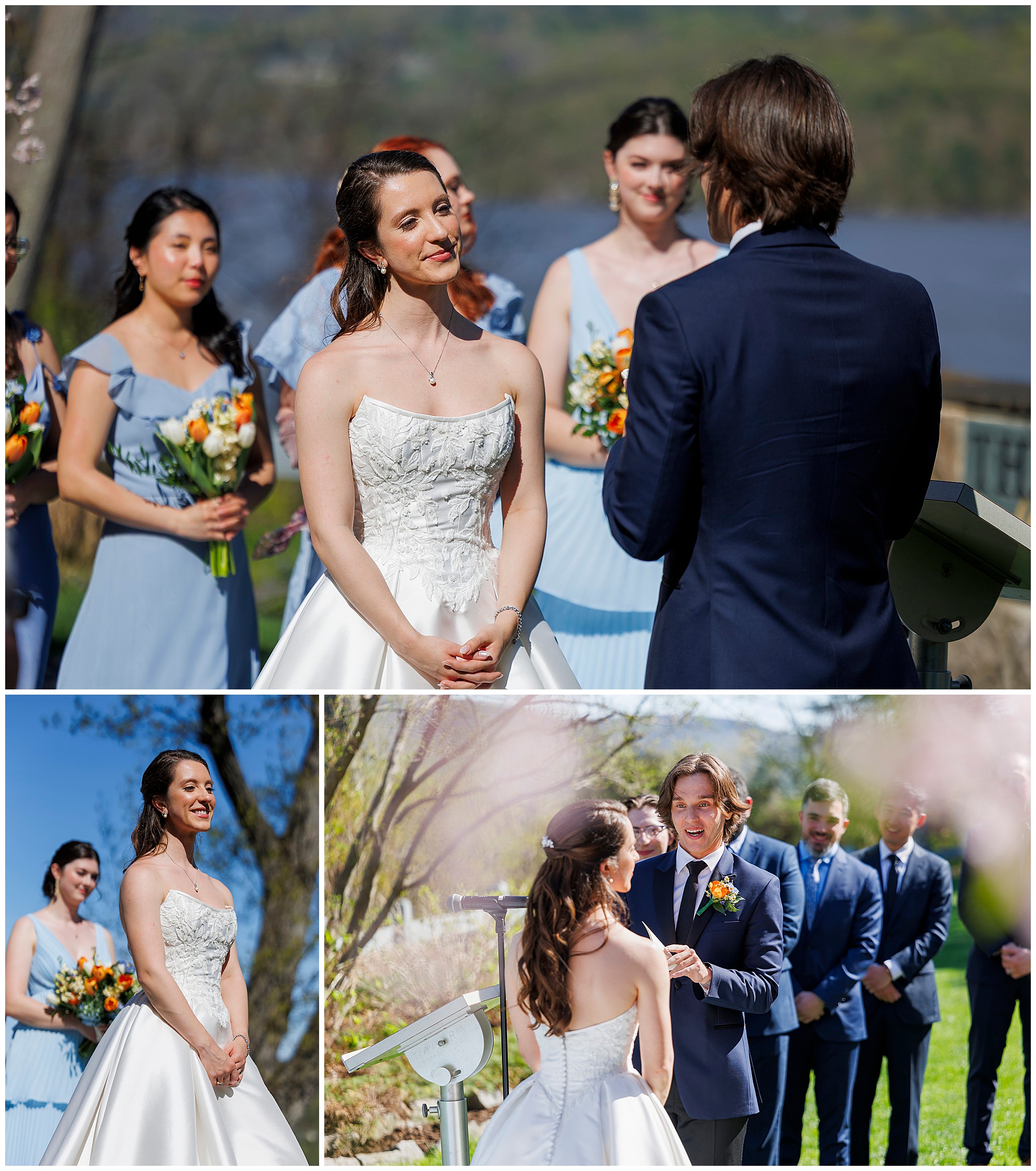 Collage of bridal party portraits and outdoor ceremony scenes at The Thayer Hotel, Hudson Valley wedding