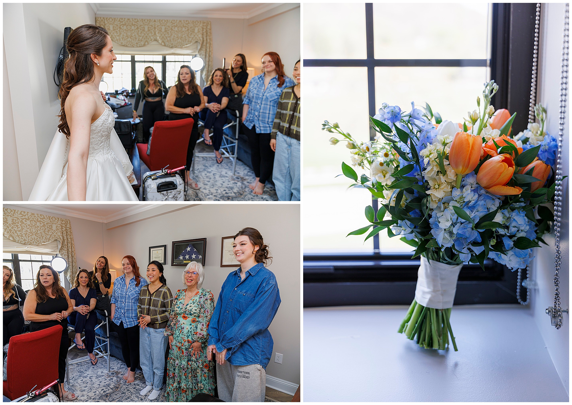 Bridesmaids gathered in a sunlit room with large windows and a blue floral arrangement at The Thayer Hotel