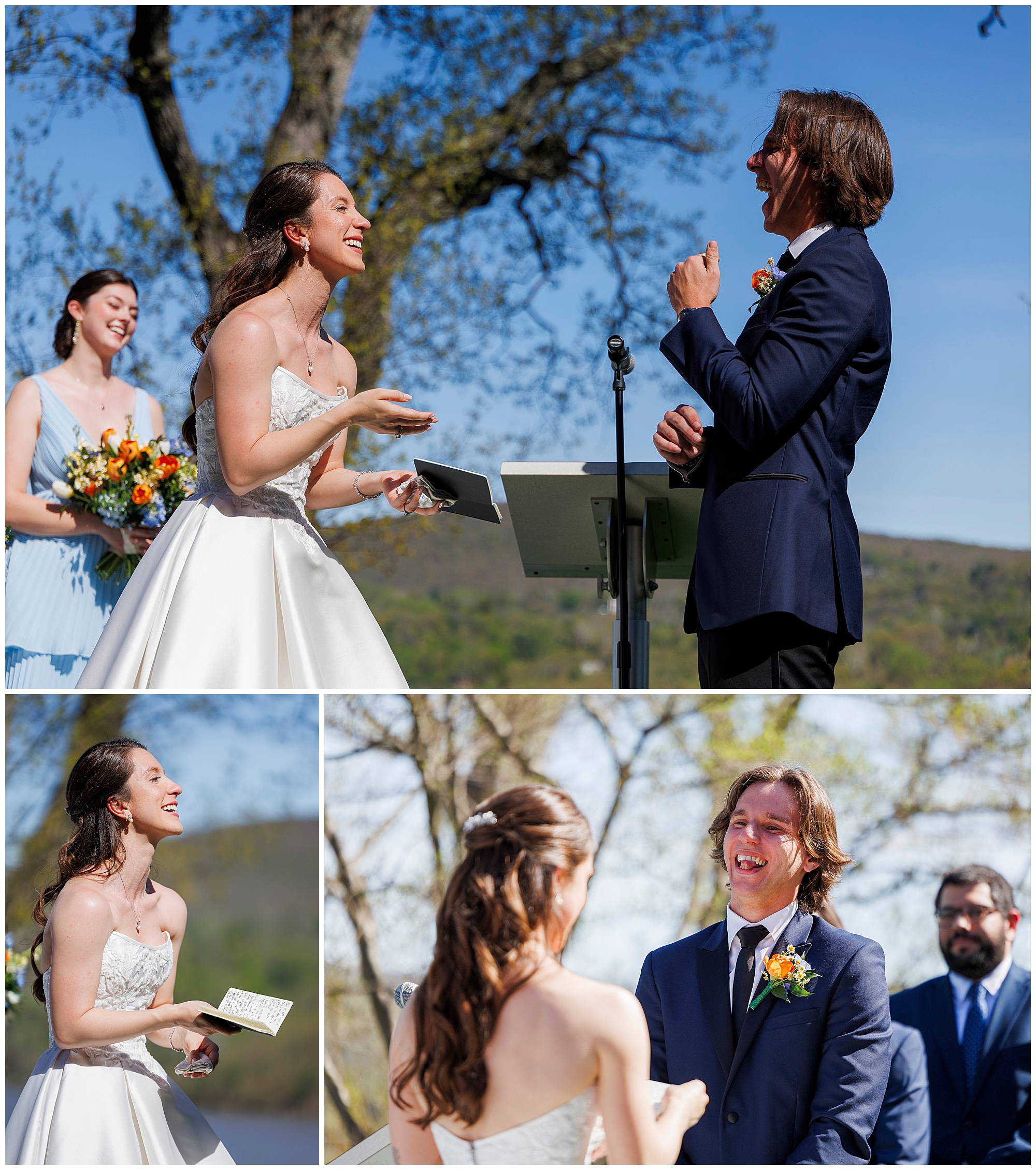 Collage of ceremony moments including couple at the altar and wedding guests at The Thayer Hotel