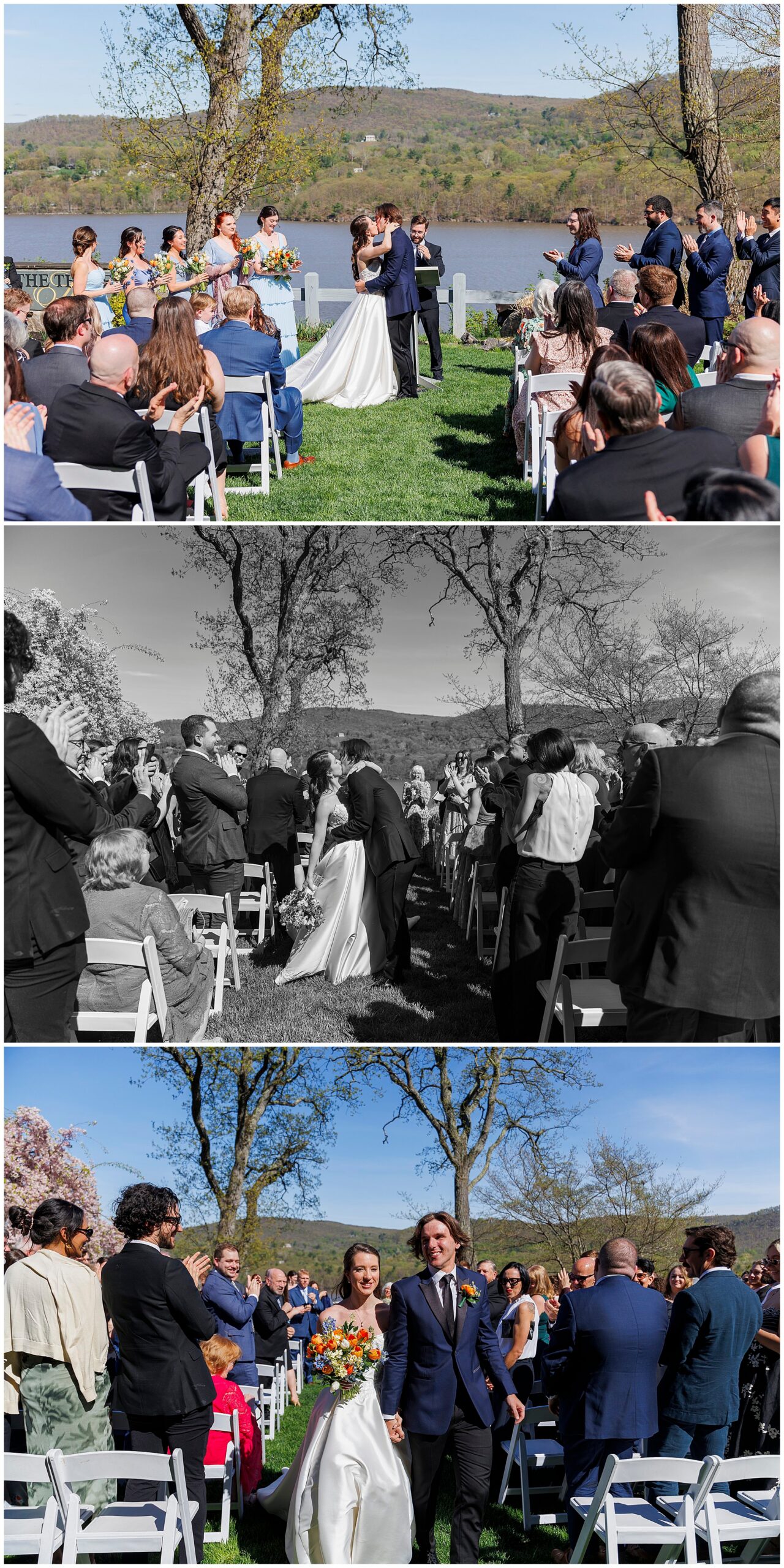 Black and white photo of couple sharing their first kiss at the altar, guests cheering at their Hudson Valley wedding