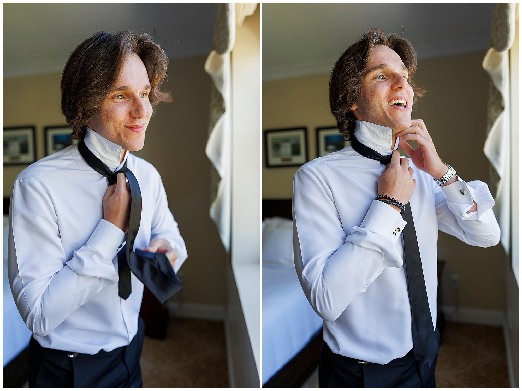 Groom in a white dress shirt adjusting his tie by a window, spring wedding at West Point