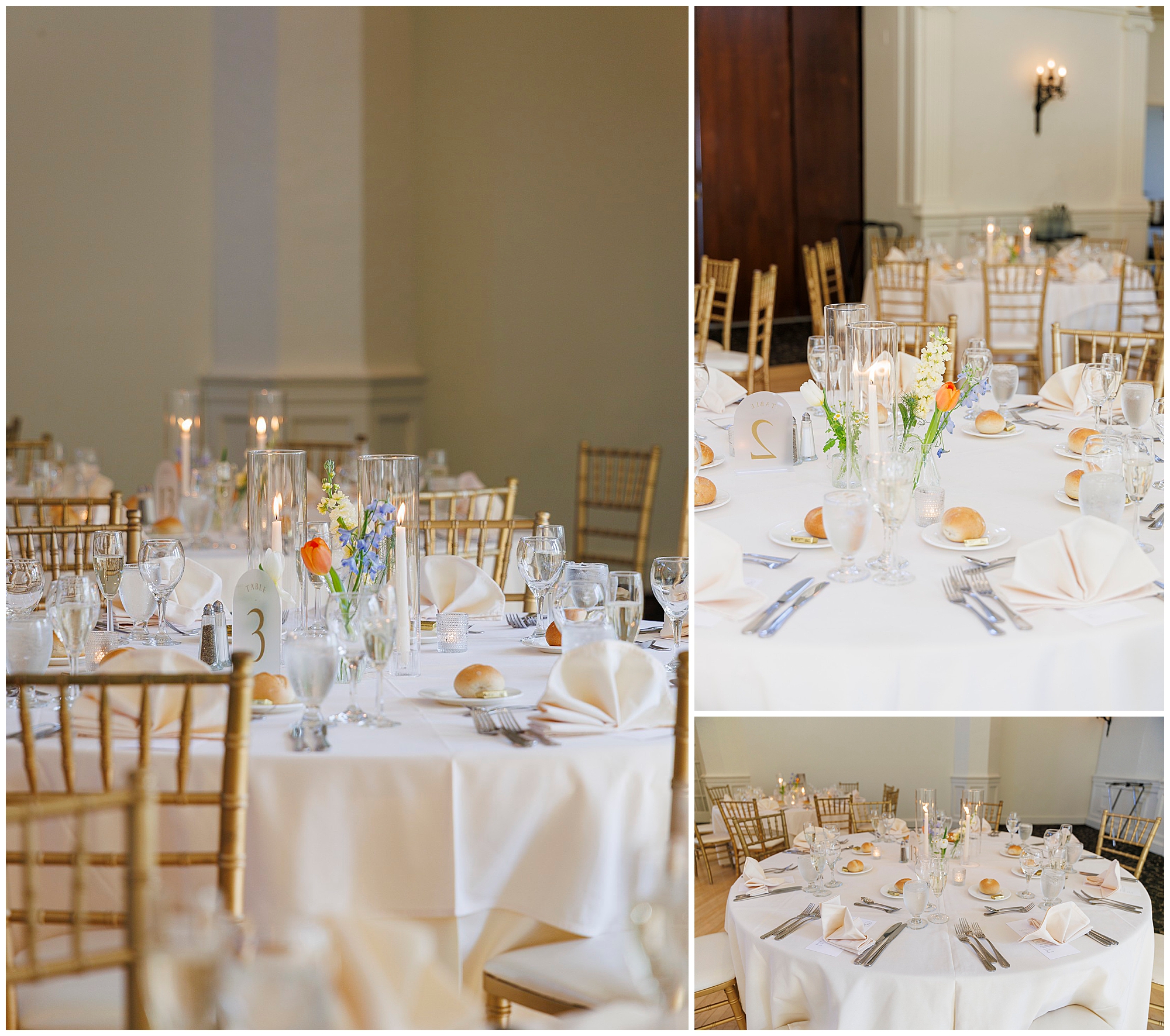 Elegant wedding reception tablescape with white linens, gold chiavari chairs, and floral centerpieces photographed by Hudson Valley wedding photographers specializing in luxury event photography and videography