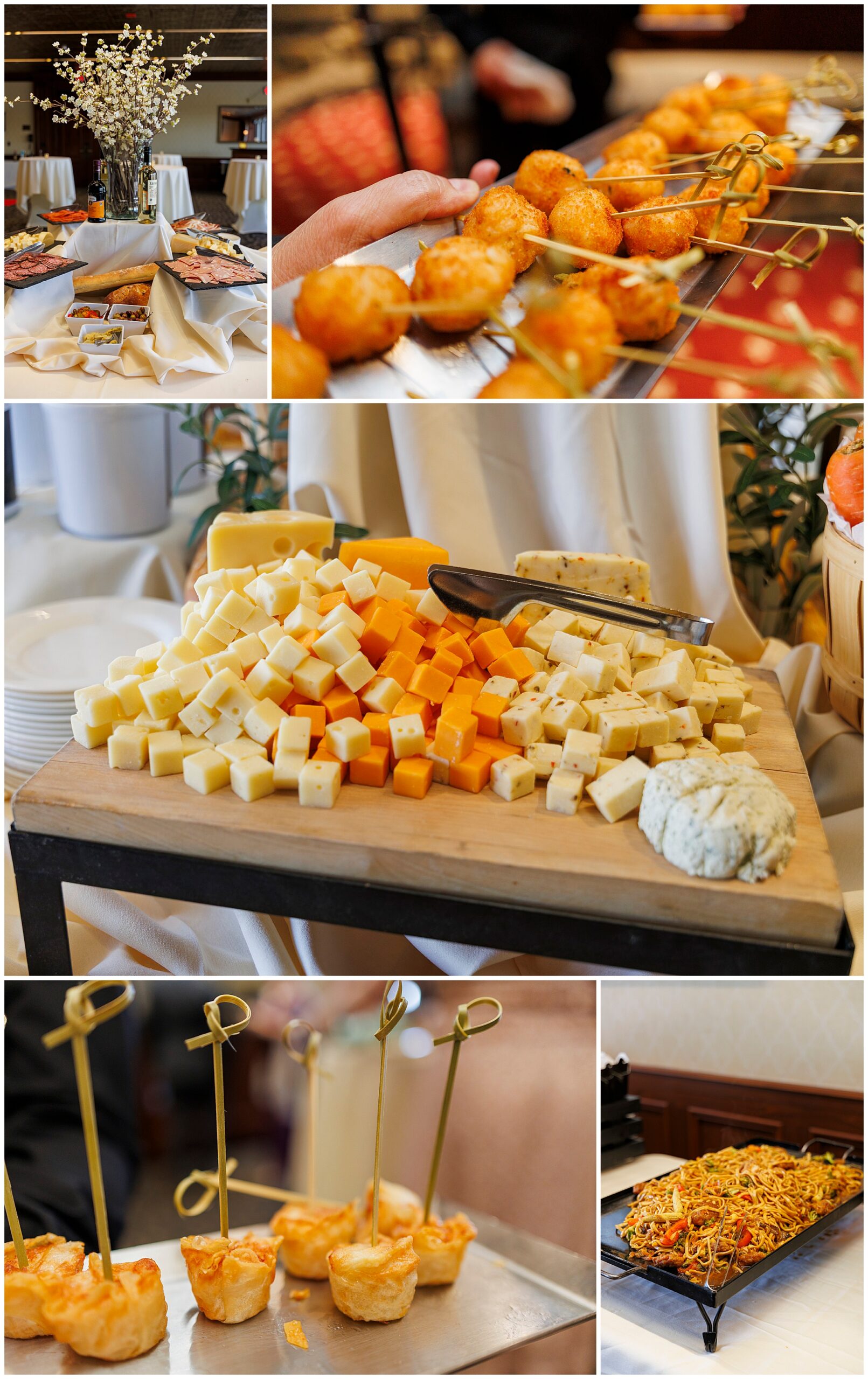 Elegant wedding catering display featuring gourmet appetizers including fried cheese balls, crispy noodles, cheese board, and skewered bites, captured by Hudson Valley wedding photographers specializing in food and celebration details