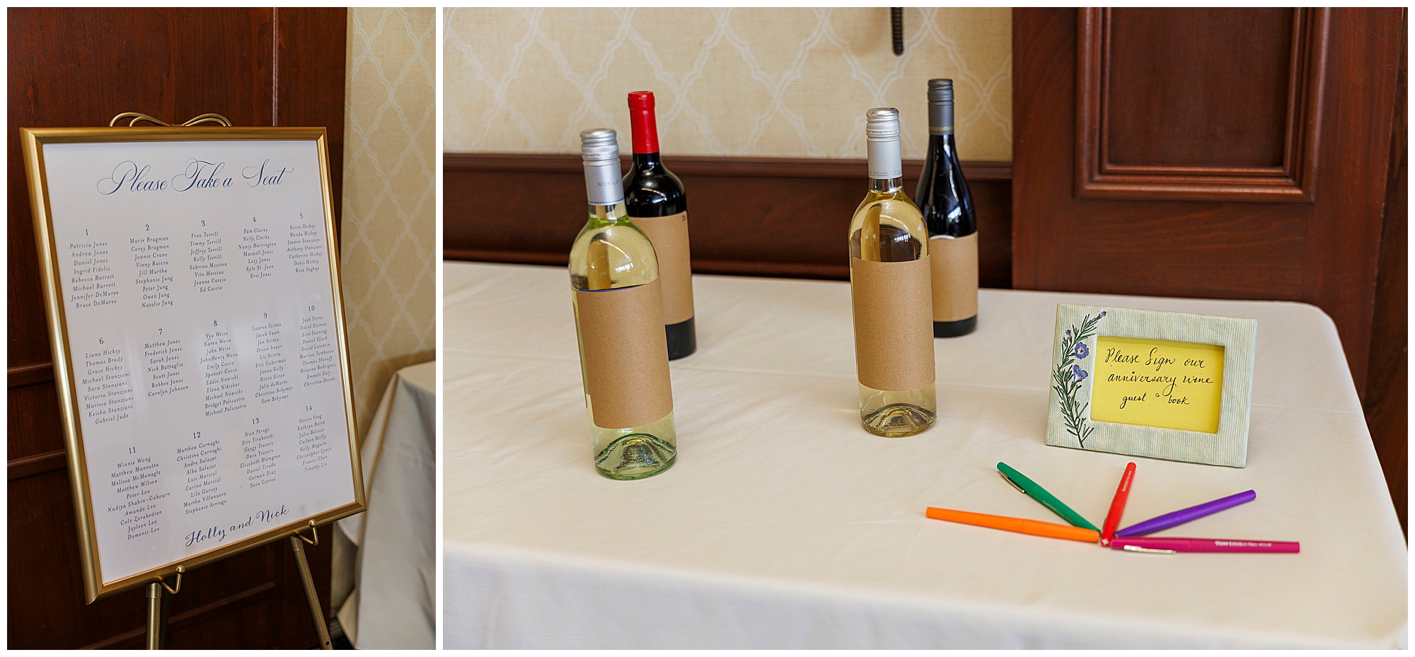 Wedding reception seating chart and guest book table setup featuring wine bottles and colorful markers, captured by Hudson Valley wedding photographers specializing in celebration details and memorable moments