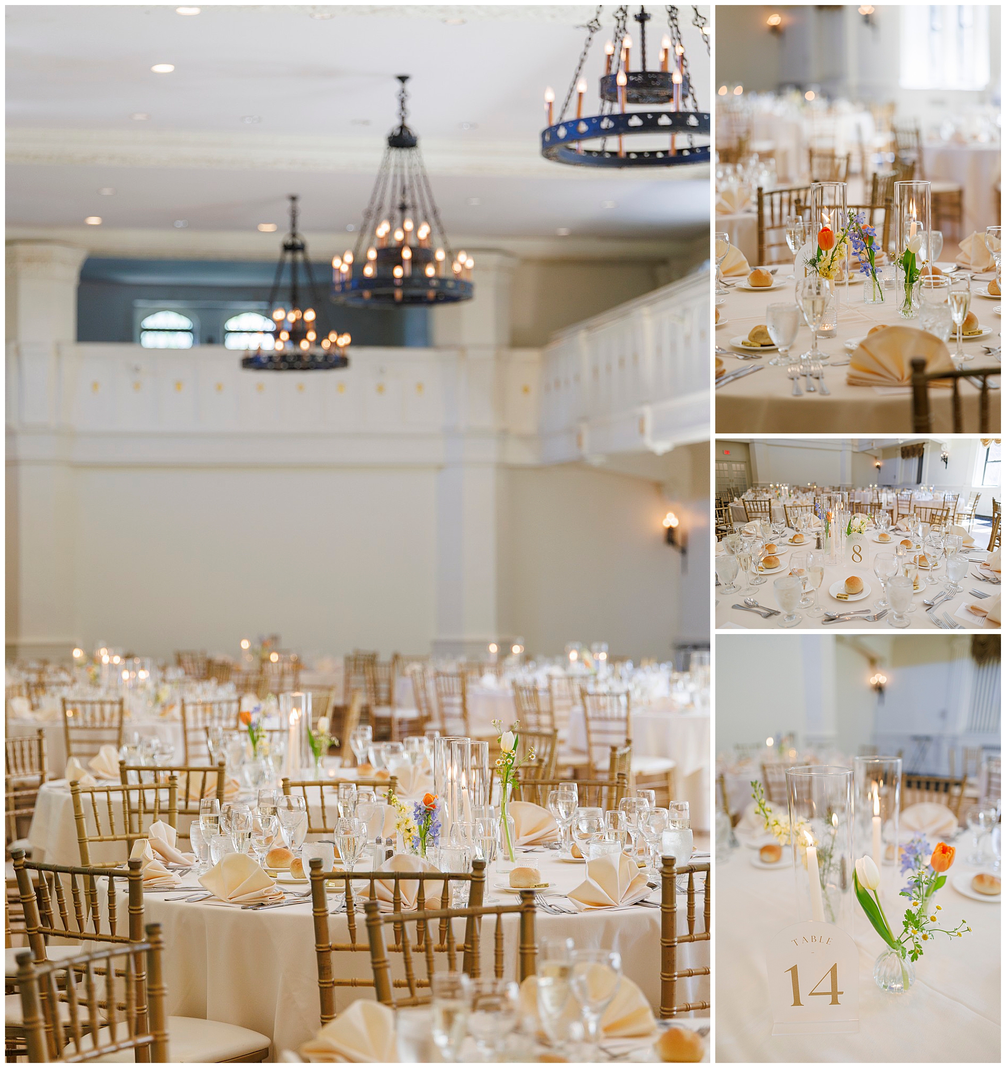 Elegant wedding reception venue with decorated tables, gold chiavari chairs, white linens, and floral centerpieces photographed by Hudson Valley wedding photographers specializing in wedding photography and videography services