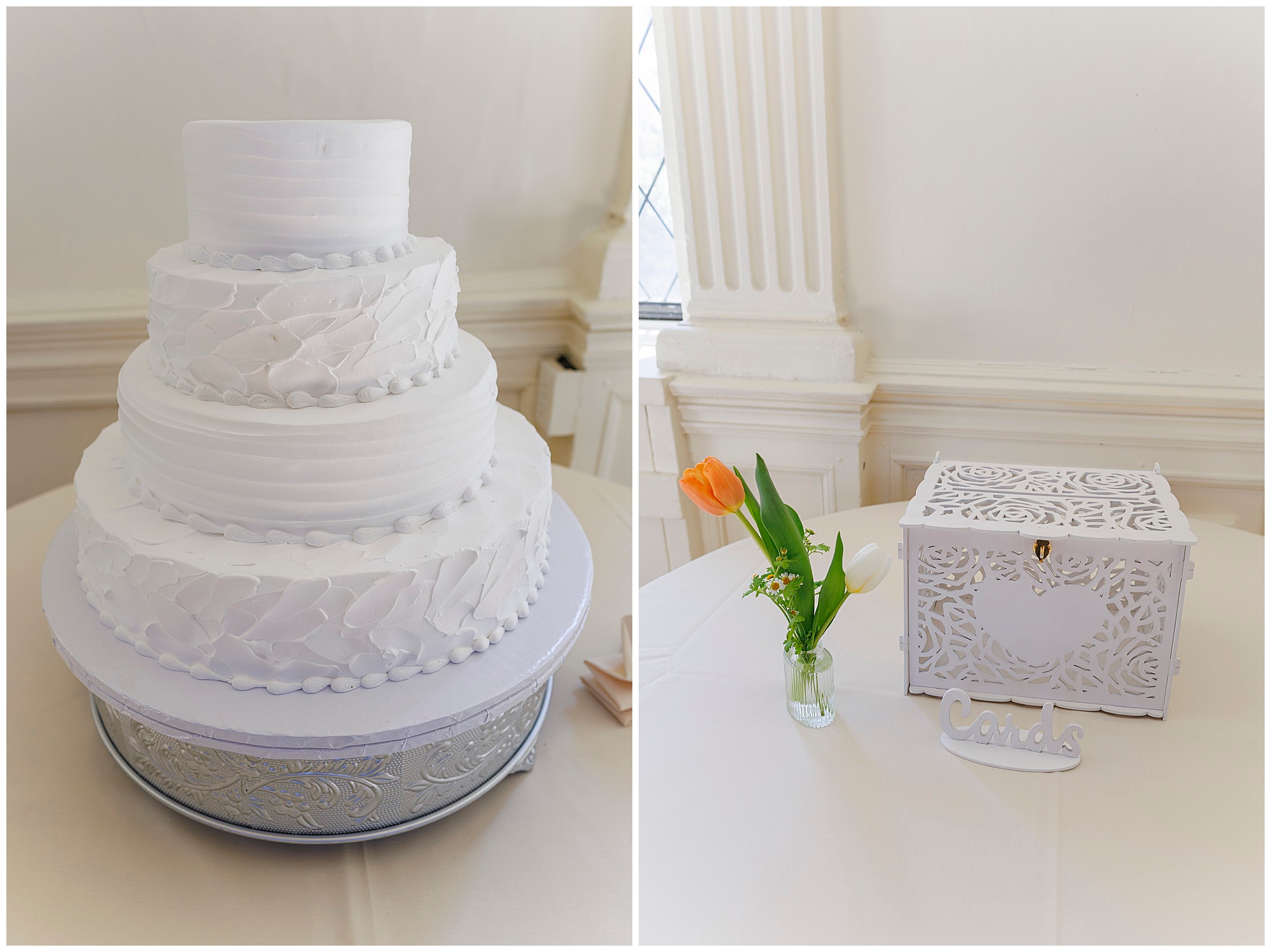 Elegant white wedding cake with decorative piping and ornate cake stand displayed alongside a white filigree gift card box and orange tulip arrangement, captured by Hudson Valley wedding photographers specializing in reception details and styling photography