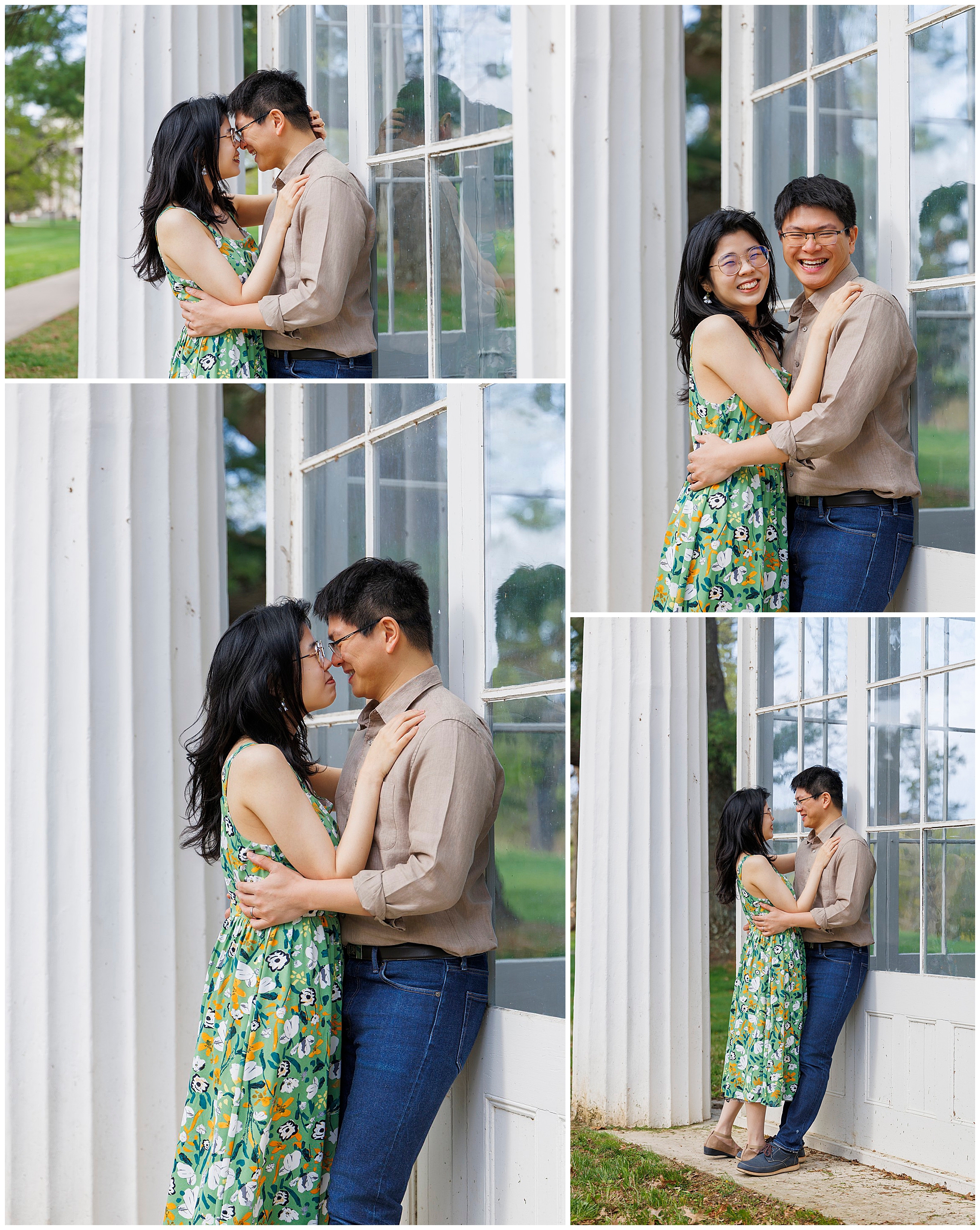 Engaged couple posing together at modern greenhouse location captured by Hudson Valley wedding photographers specializing in engagement photo and video services
