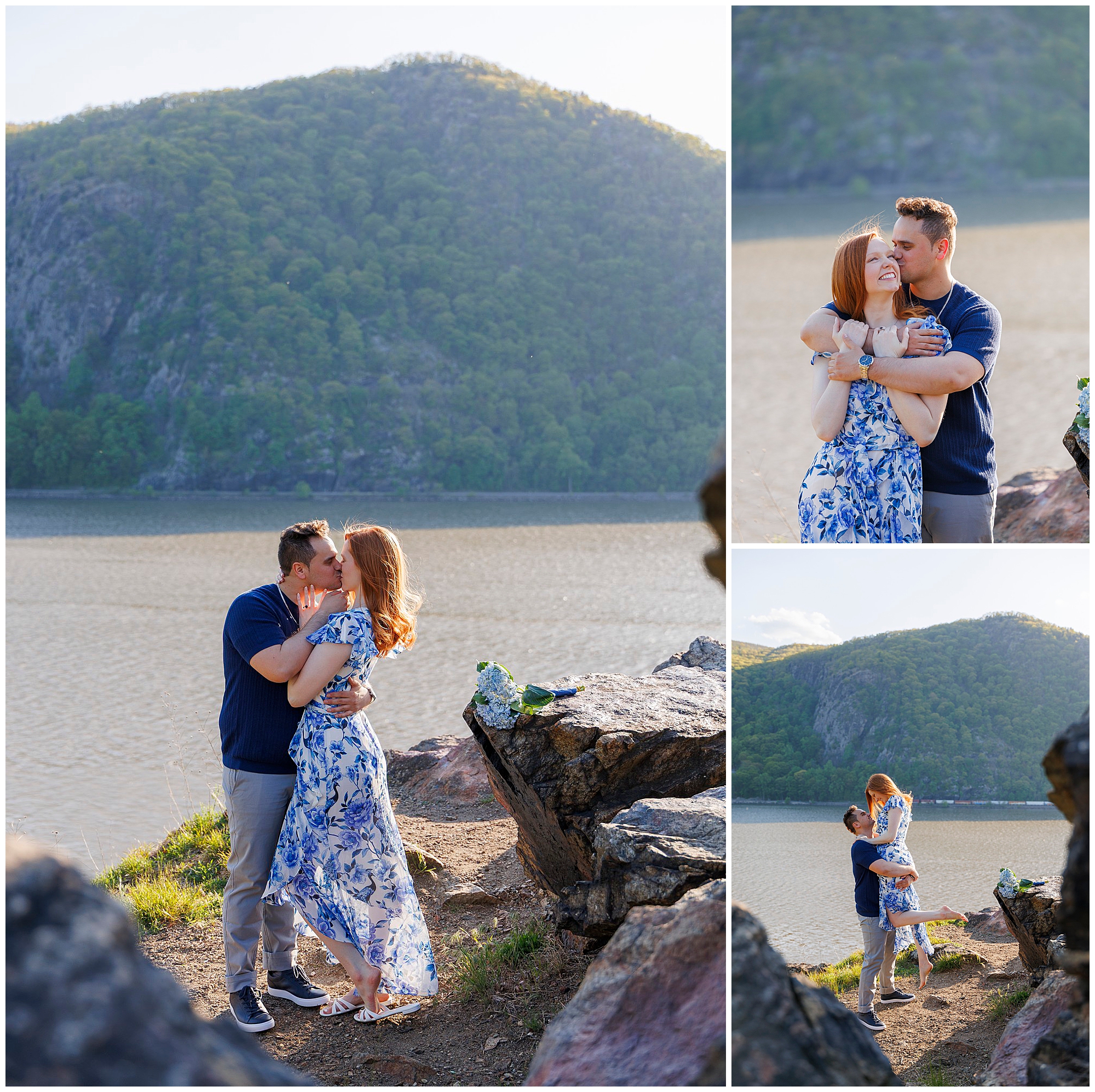 Engaged couple at scenic lakeside location with forested mountain backdrop captured by Hudson Valley wedding photographers during engagement session