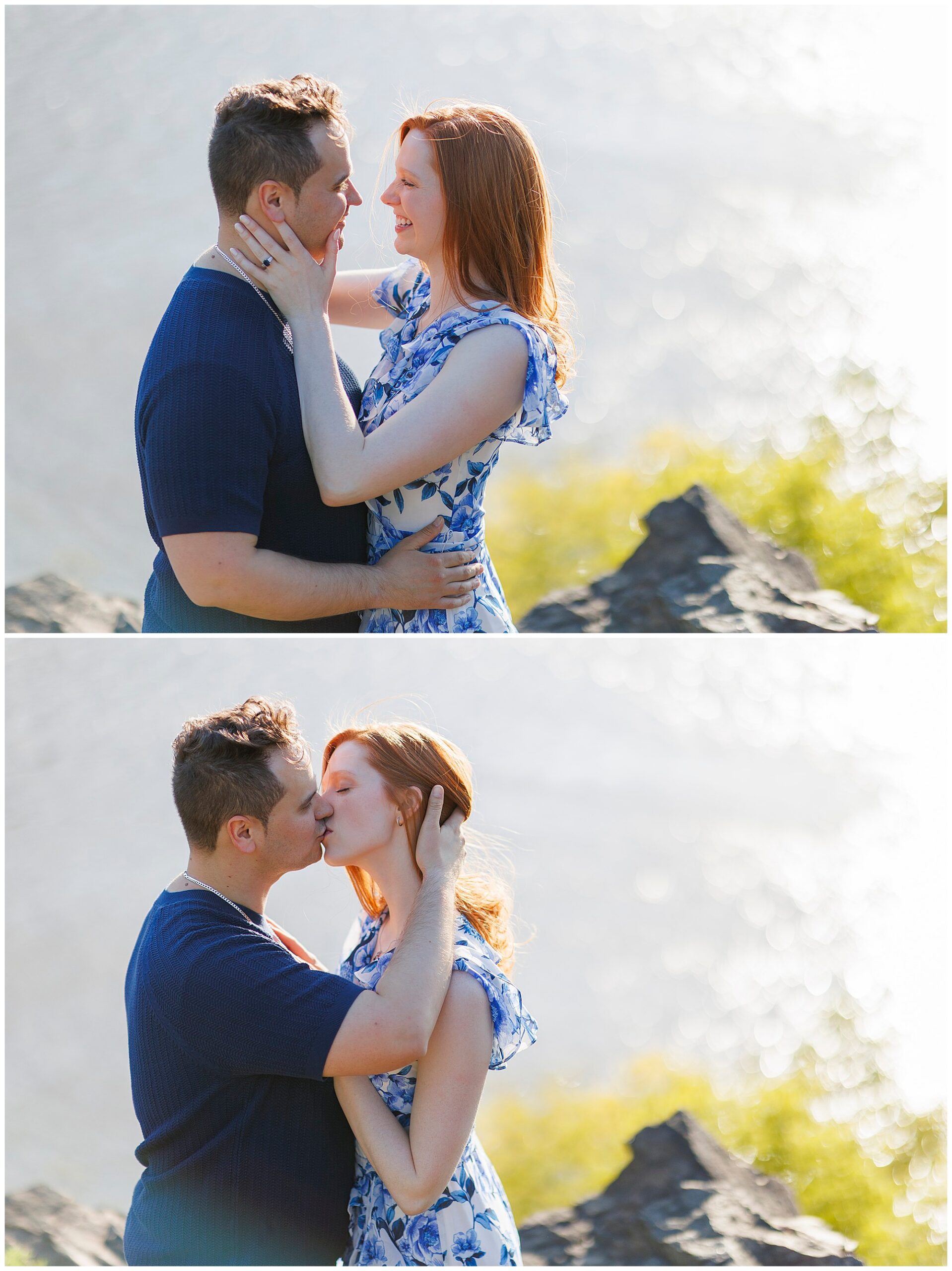 Engaged couple kissing outdoors during Hudson Valley wedding photography session with scenic natural backdrop and golden hour lighting
