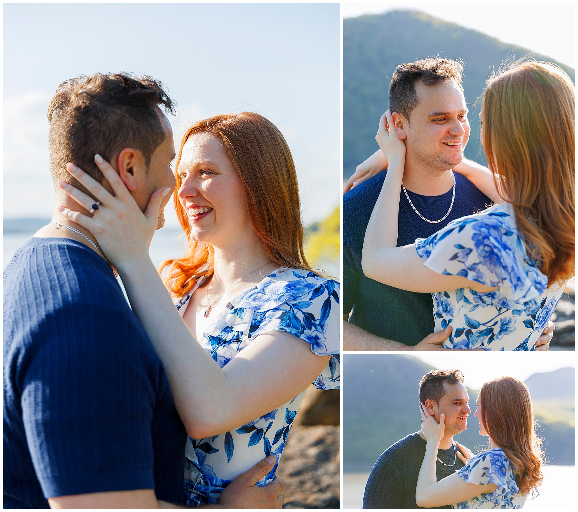 Engaged couple smiling together outdoors with mountain backdrop by Hudson Valley wedding photographers capturing romantic engagement photo session