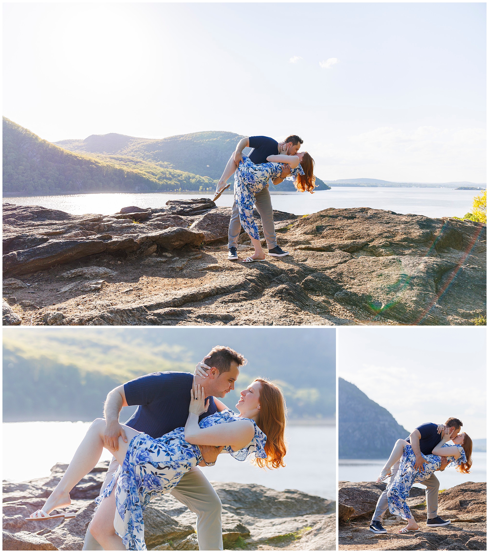 Couple engagement photos at scenic lakeside location with mountains, Hudson Valley wedding photography and videography session.