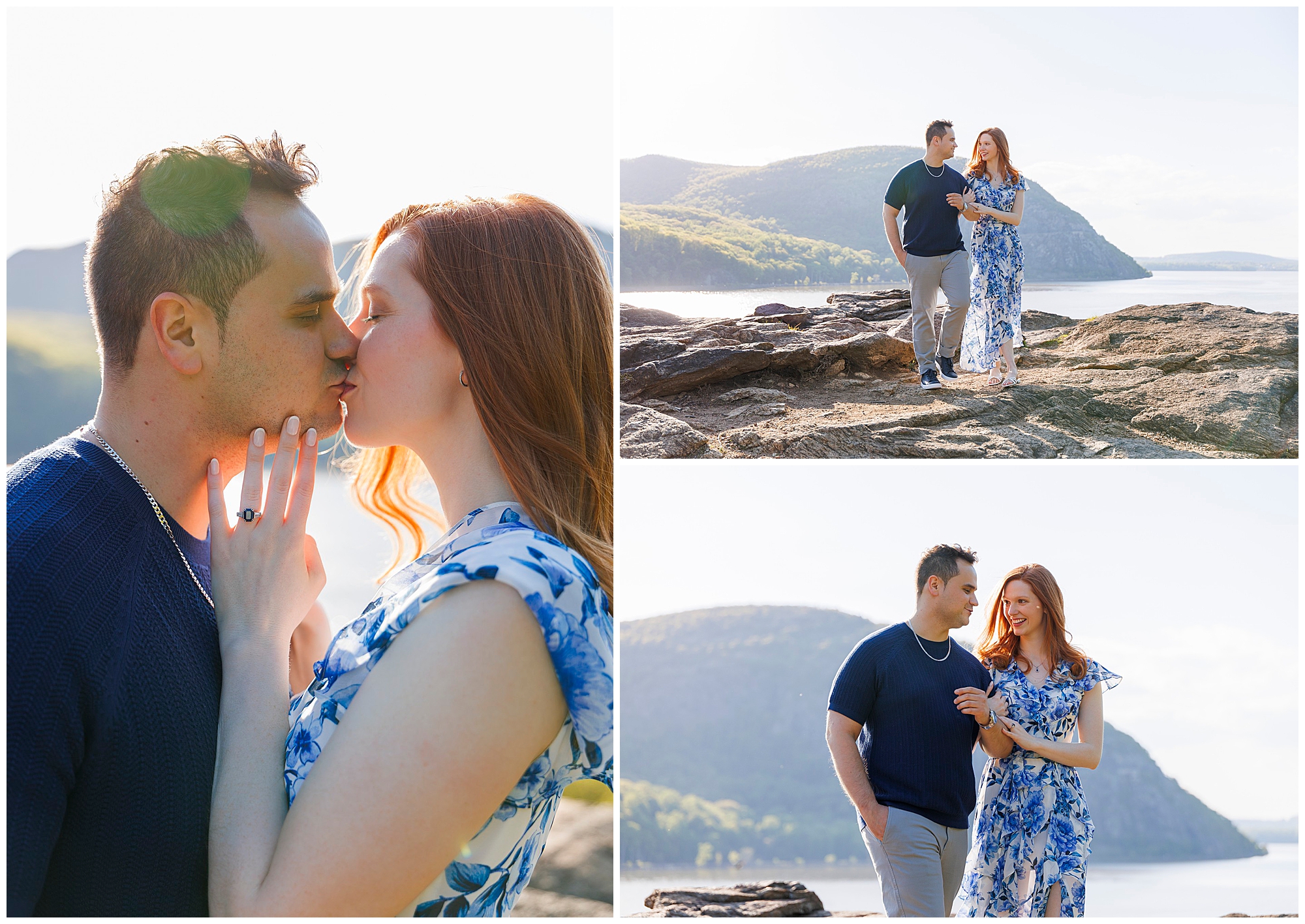 Engaged couple kissing and posing at scenic coastal location with Hudson Valley wedding photographers capturing intimate moments