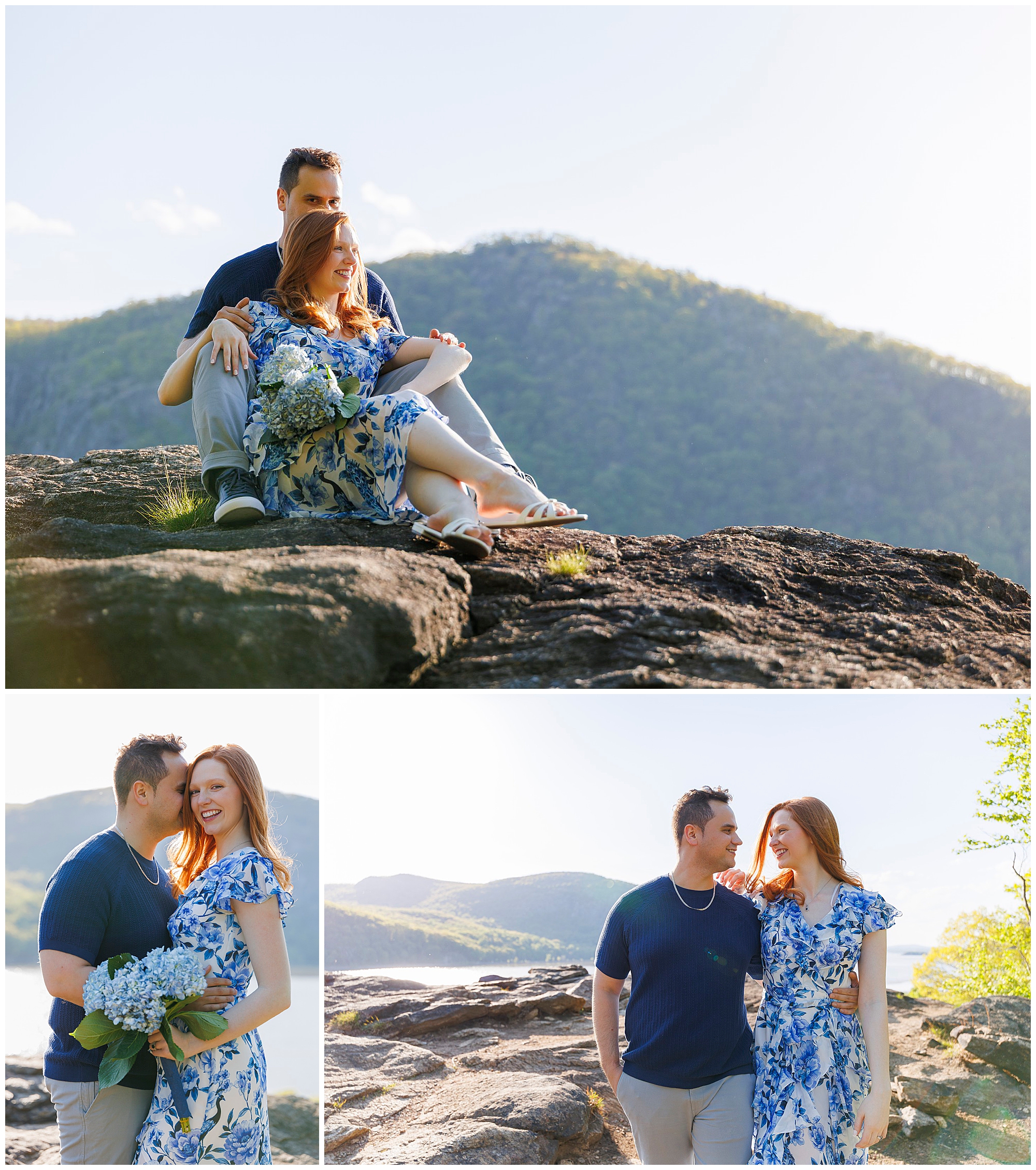Engaged couple posing on rocky overlook with mountain views, Hudson Valley wedding photographers capturing romantic outdoor engagement photos.