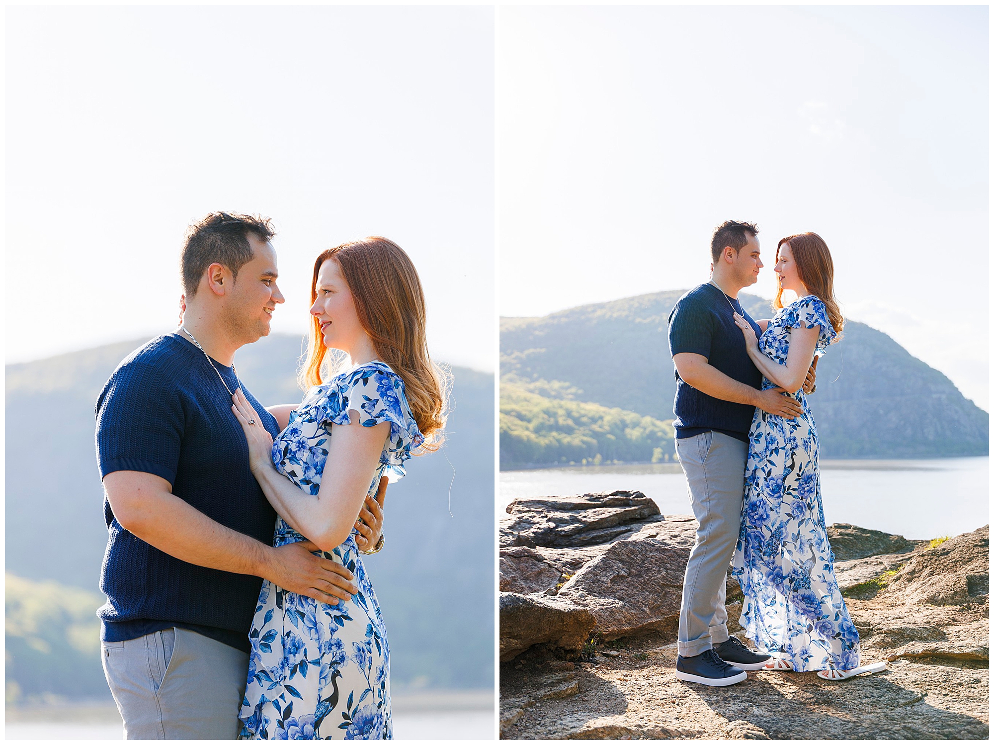 Couple engagement photo session Hudson Valley wedding photographers scenic mountain lake backdrop